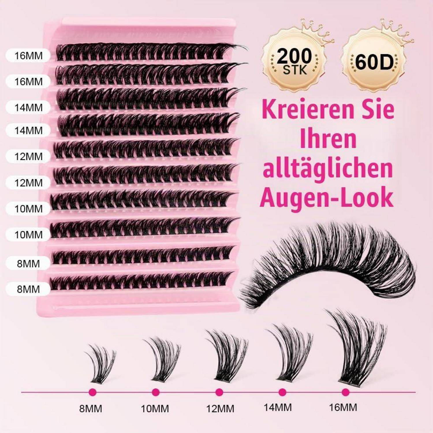 # Rosa Tablett mit falschen Wimpern mit 200 Paaren, Längen von 8mm bis 16mm, mit deutschem Text 
