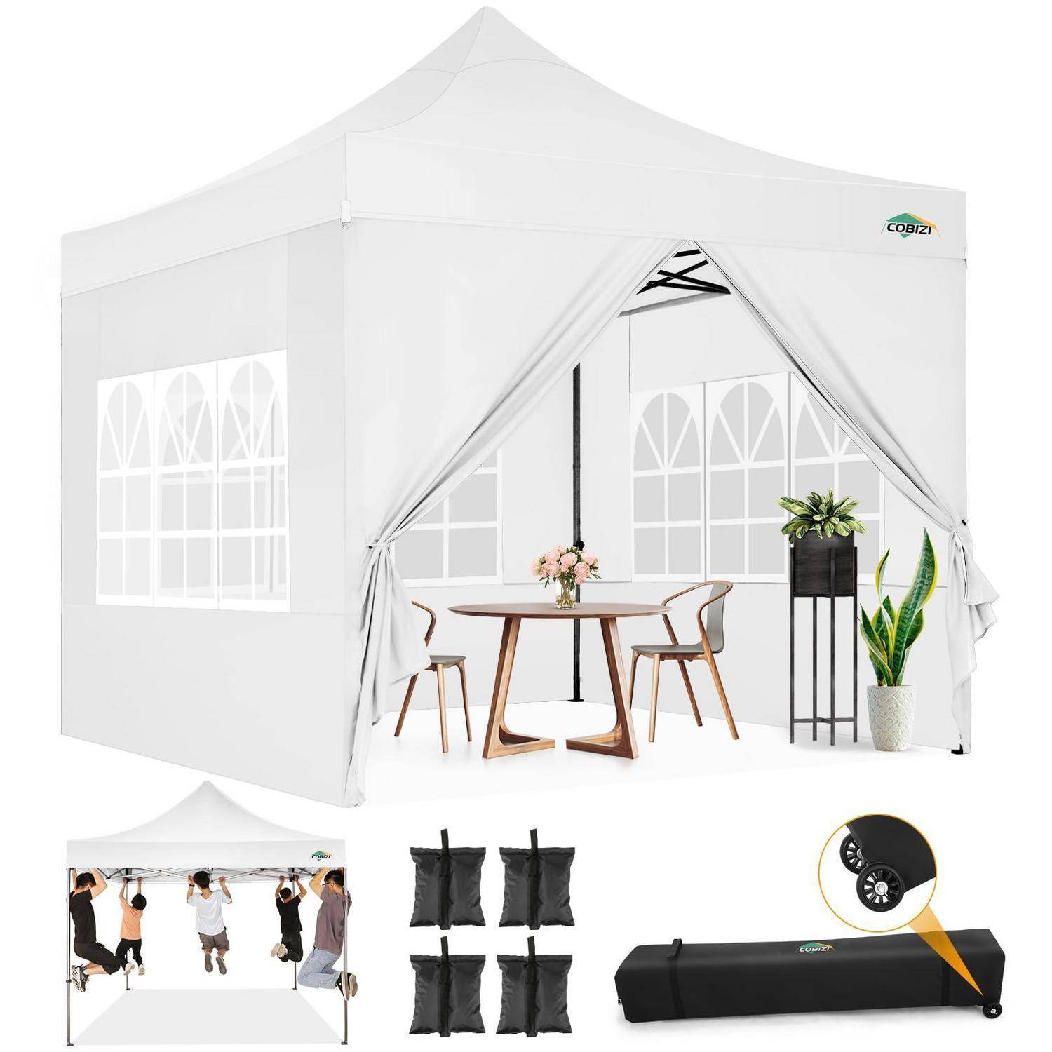 Weißes Outdoor-Gartenzelt mit gewölbten Fenstern und offener Front, zeigt einen Tisch, Stühle und Pflanzen; Detailbilder zeigen Aufbau und gepackte Transporttasche.