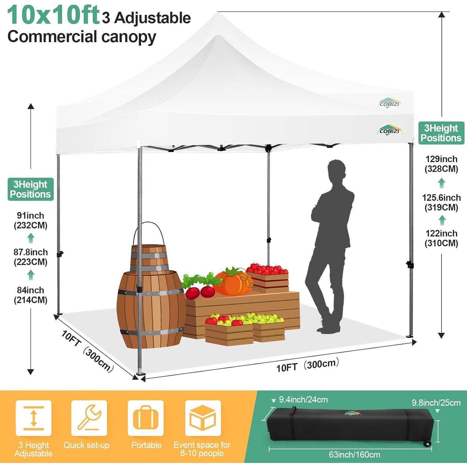 Produktdiagramm eines 10x10 Fuß verstellbaren gewerblichen Baldachins mit drei Höheneinstellungen, das Abmessungen, schnelle Einrichtung, Portabilität und Veranstaltungsflächenabdeckung zeigt.
