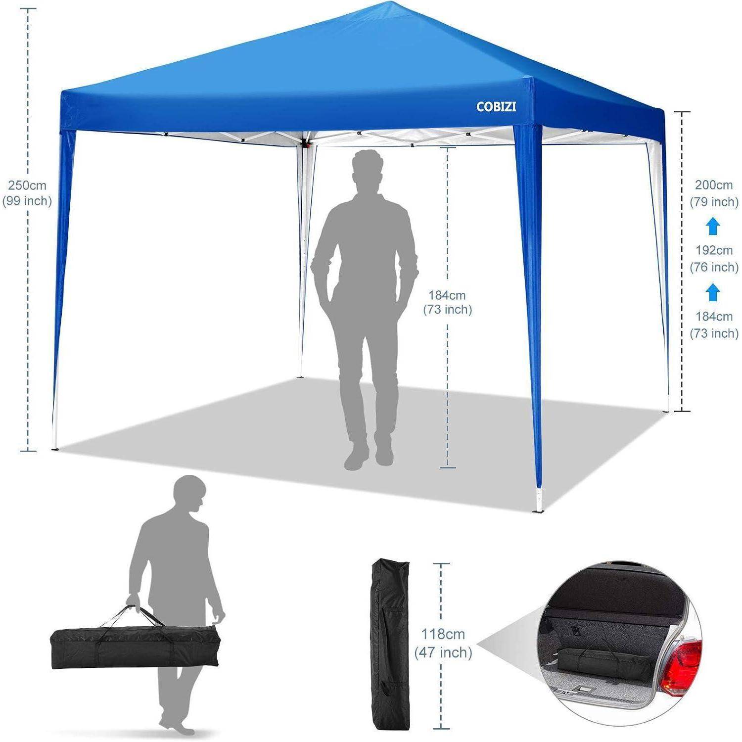 Blue COBIZI Pop-Up-Pavillon mit 10x10-Stil-Abmessungen, 99 Zoll Rahmenhöhe, 73 Zoll Bodenfreiheit und Transporttasche.