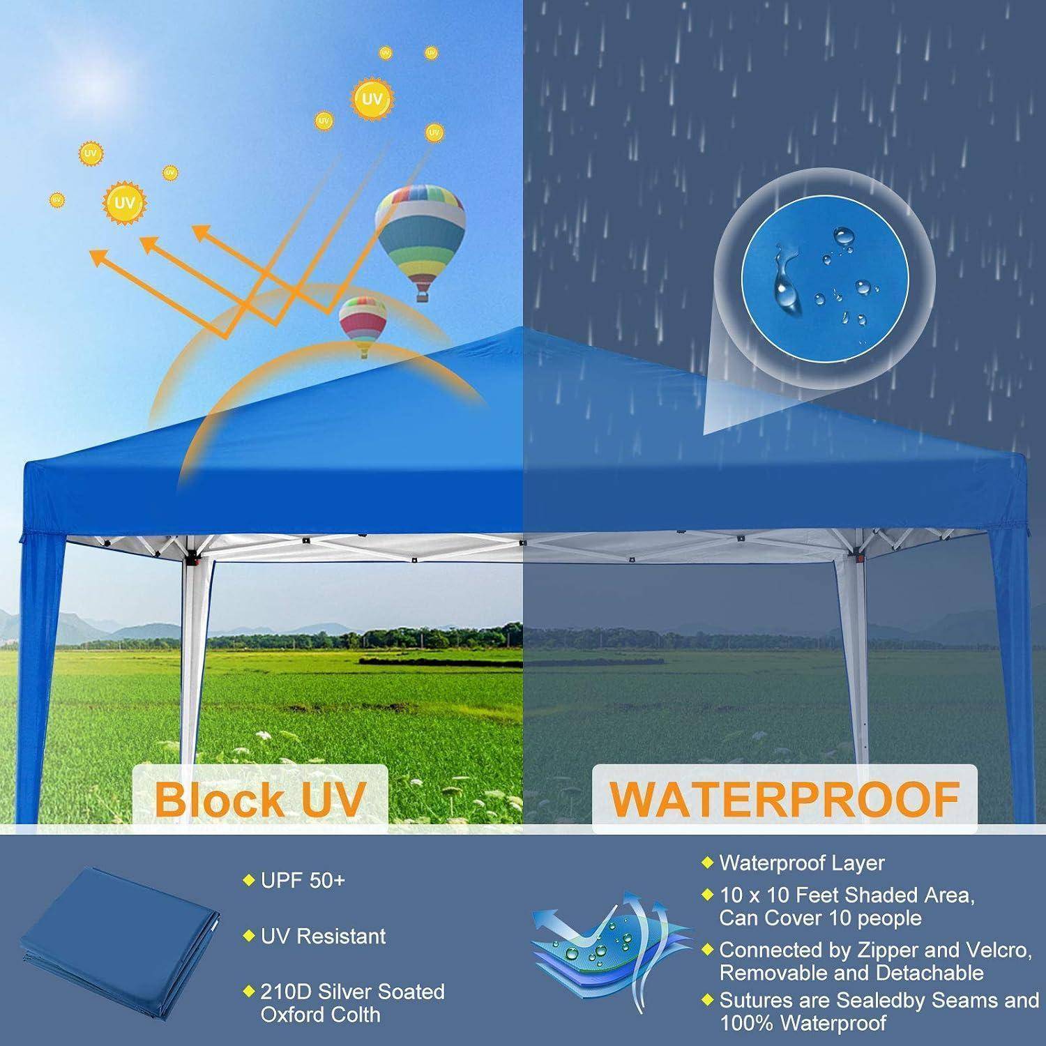 Blauzimt mit UV-Beständigkeit und wasserdicht, blockiert Sonnenlicht und Regen; Beschriftungen enthalten "UV blockieren"", ""WASSERDICHT"", UPF 50+, UV-beständig und 210D silberbeschichtetes Oxford-Gewebe.
