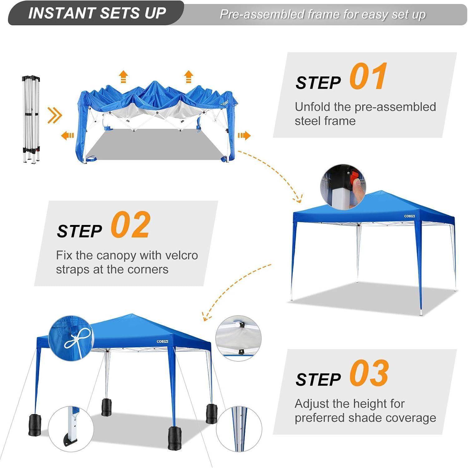 Die Infografik zeigt einen blauen Pop-up-Pavillon, der in 3 Schritten aufgebaut wird: das Gestell ausklappen, den Pavillon mit Eckklettband-Riemen befestigen, dann die Höhe für optimalen Schattensputz anpassen.