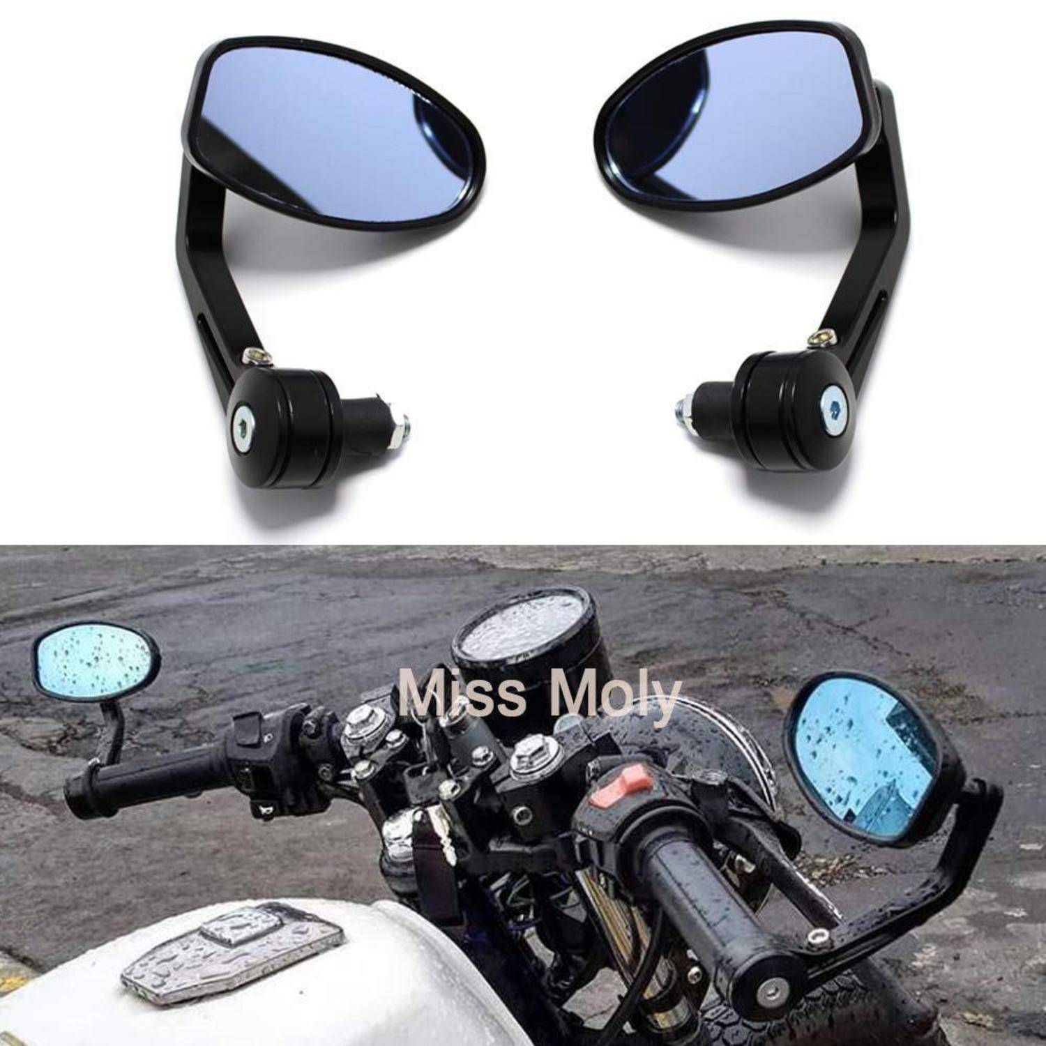 Paar schwarzer Motorrad-Lenkerspiegeln, gezeigt als installiert auf einem Motorrad als kompakte Bar-End-Spiegel.