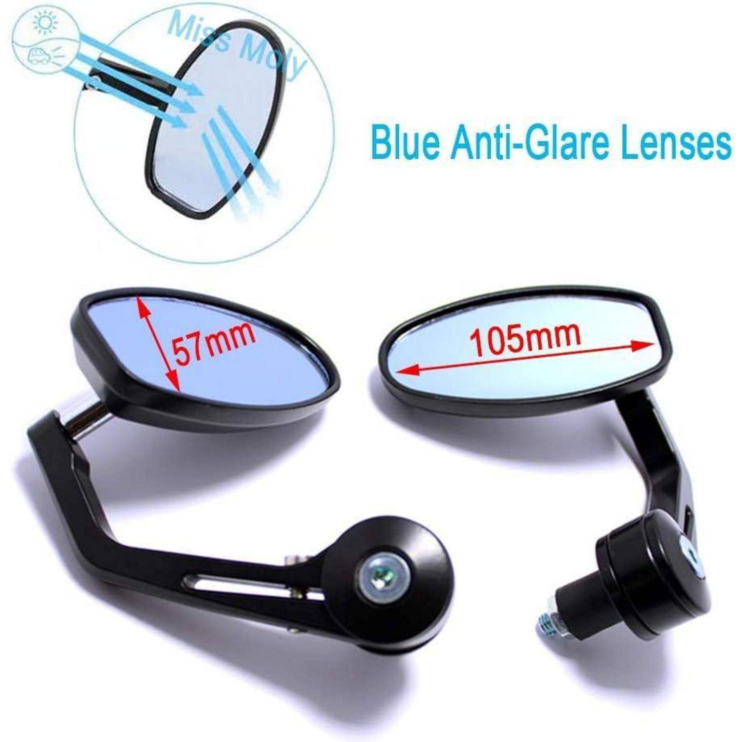 Produktbild von blauen entspiegelten Fahrradspiegel-Linsen, zeigt zwei Spiegel mit Größenbezeichnungen 57 mm und 105 mm