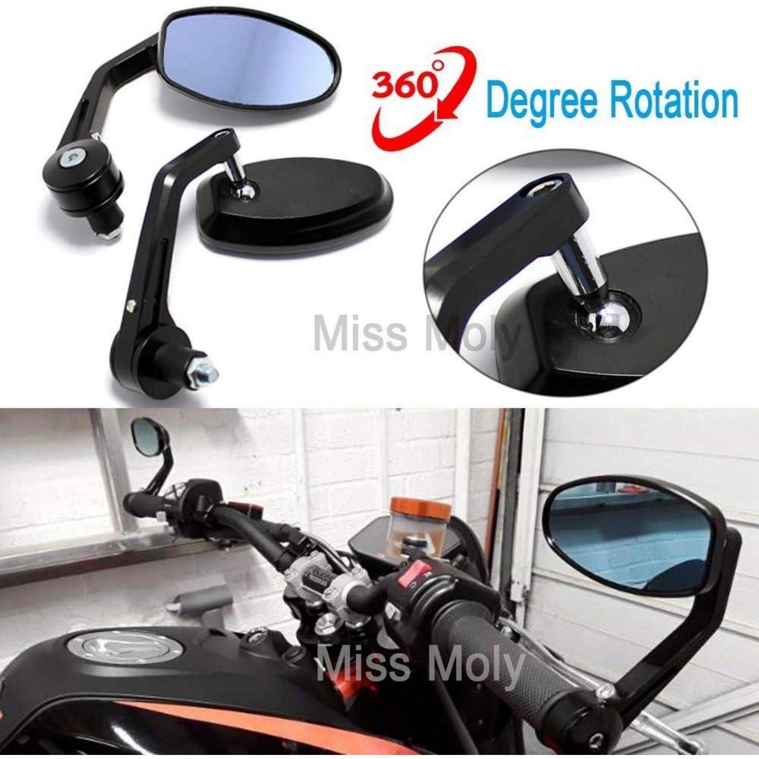 Schwarze Motorrad-Lenkersepiegel mit 360-Grad-Drehung, in Nahaufnahme dargestellt und auf einem Motorrad-Lenker in einer Garage montiert.