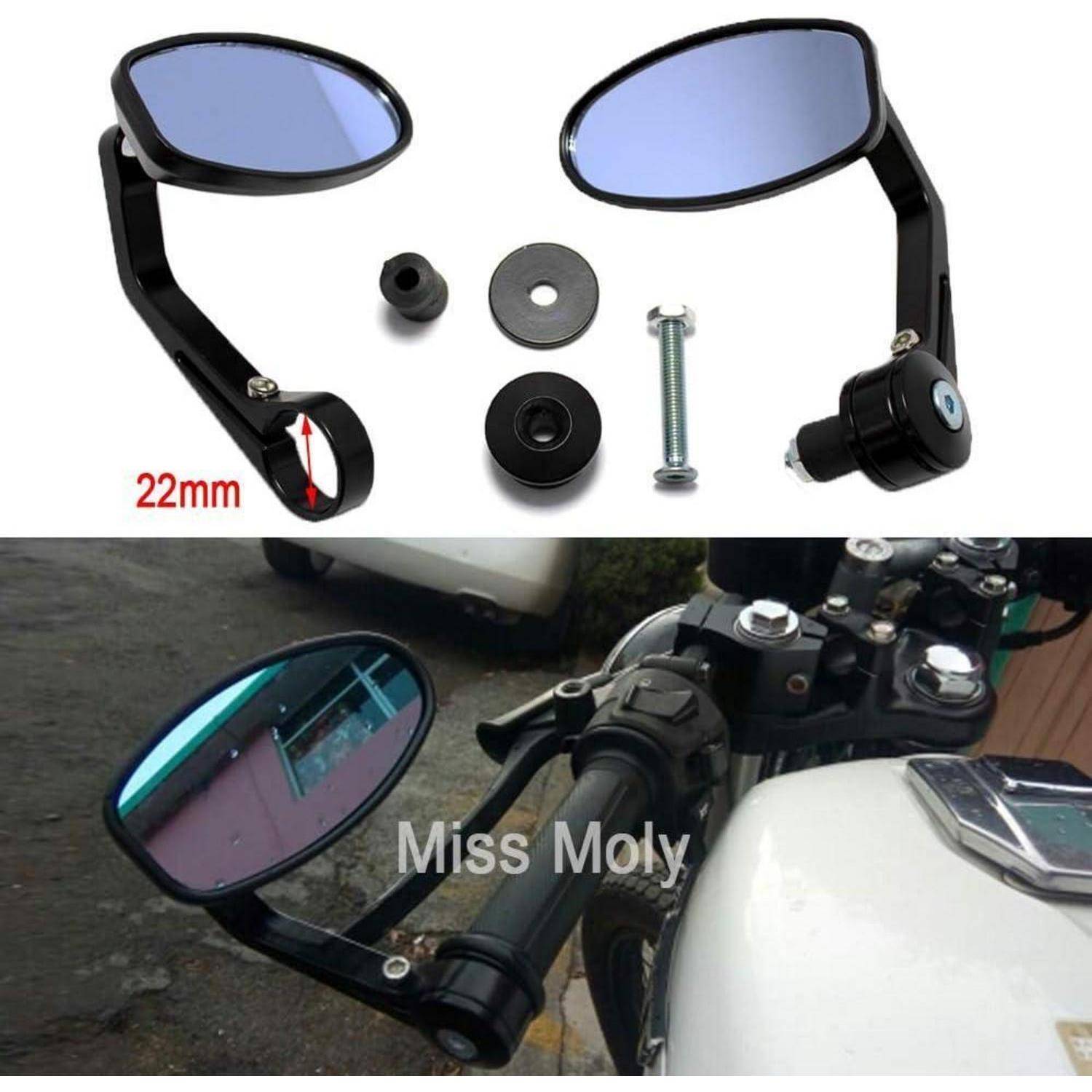 Paar 22-mm-Motorrad-Lenkerseiten­spiegel mit Befestigungsmaterial, oben abgebildet und auf einem Motorrad im Einsatz montiert.