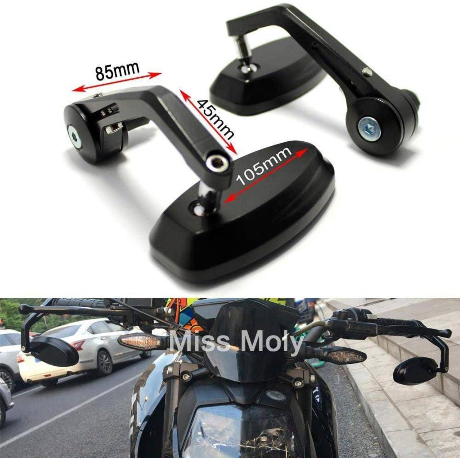 Produktfoto und Installationsbeispiel von schwarzen Motorrad-Spiegelverstellern, mit den Größen 85mm, 45mm und 105mm, montiert zum Verbreitern der Spiegelposition.