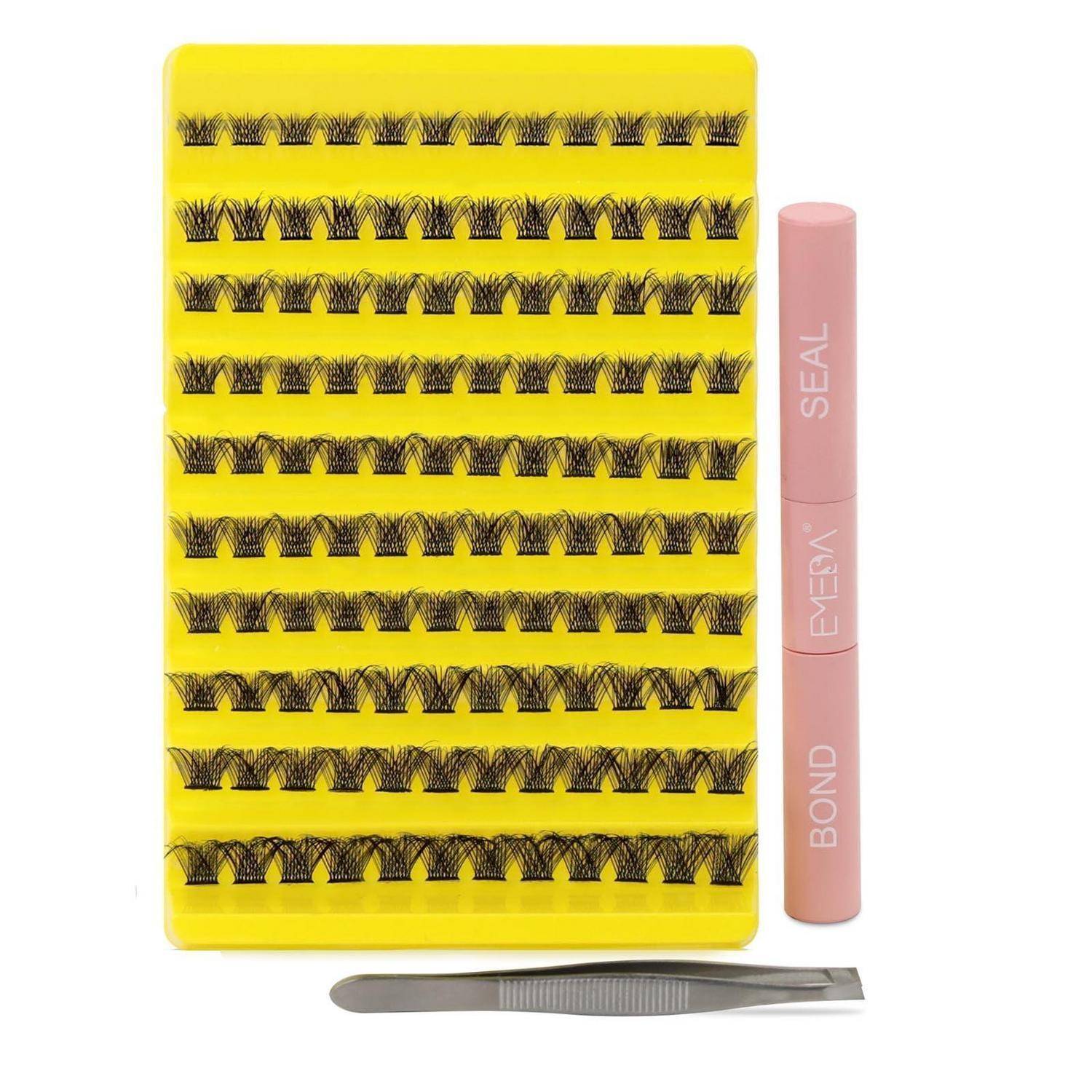 Wimpernverlängerungs-Set mit einem gelben Tablett mit künstlichen Wimpern, drei rosa Tuben mit den Aufschriften SEAL, EVEN, BOND und einer Metallpinzette.