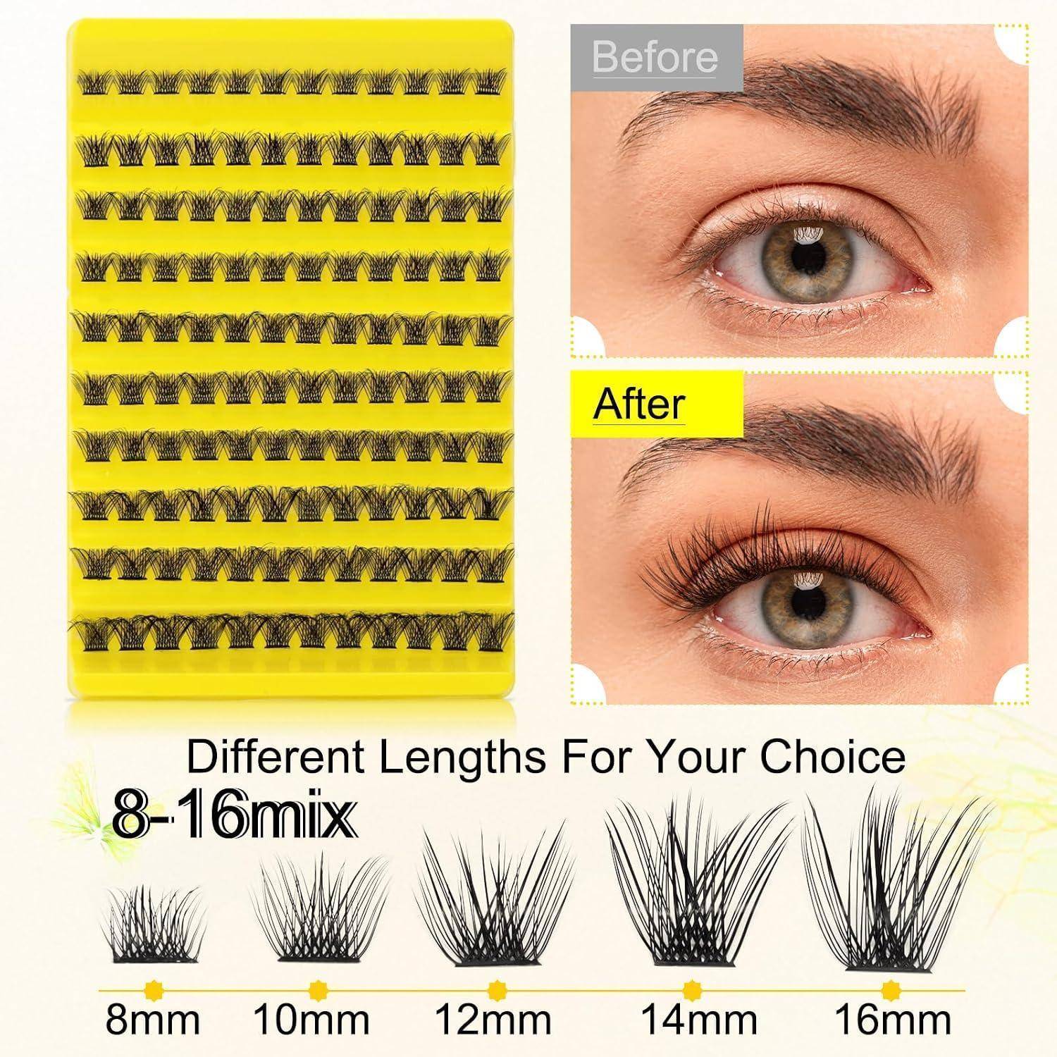 Kunstwimpernset mit Längen von 8 mm bis 16 mm, plus Nahaufnahmen des Auges vorher und nachher, die vollere Wimpern nach dem Auftragen zeigen.