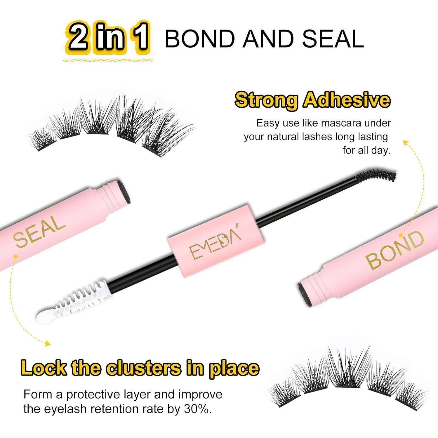 Werbegrafik für ein 2-in-1-Wimpernprodukt mit der Bezeichnung „BOND AND SEAL