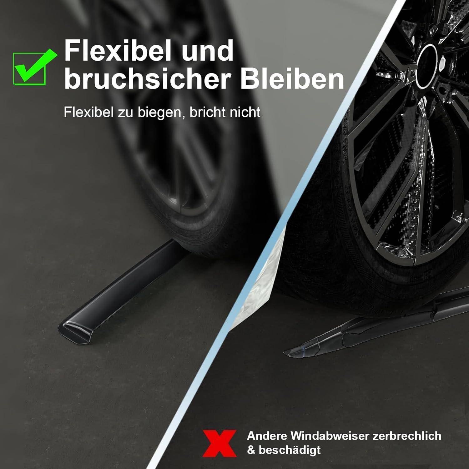 Geteilter Bildvergleich von Scheibenwischern: Flexible, bruchsichere Klinge wird als gut dargestellt, kontrastiert mit einer beschädigten, kaputten Alternative.