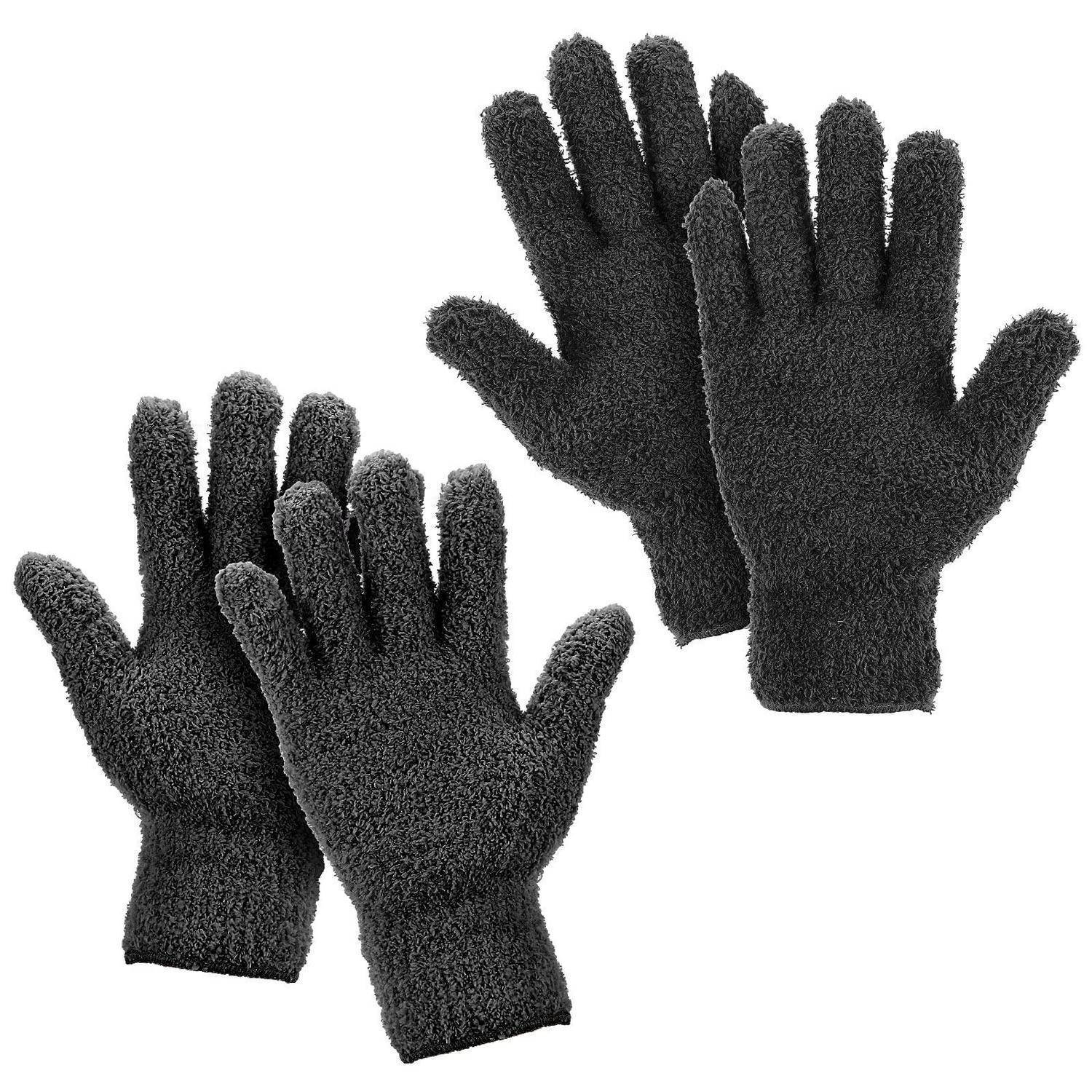 Drei Paar schwarze strukturierte Handschuhe auf weißem Hintergrund gezeigt, wahrscheinlich Winter- oder Arbeitshandschuhe.