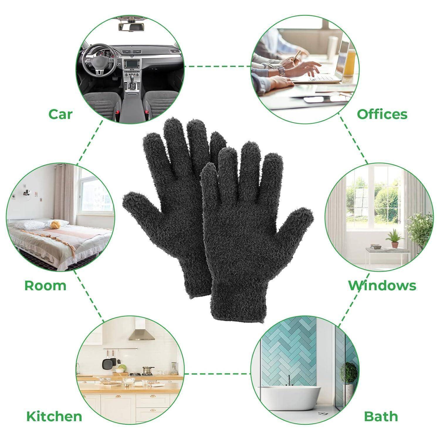 Schwarze Mikrofaser-Handschuhe, die als vielseitig einsetzbar für die Verwendung in Autos, Büros, Räumen, Küchen, Fenstern und Badezimmern gezeigt werden.
