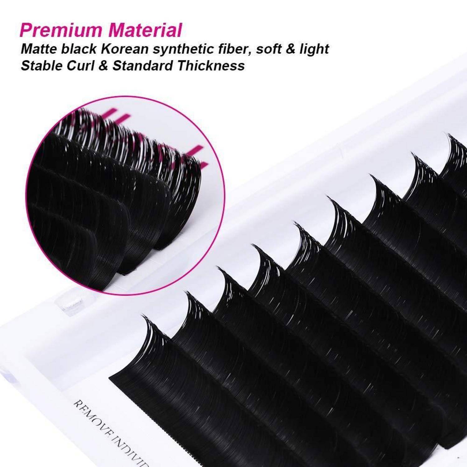 Produktbild von schwarzen Wimpernverlängerungen mit der Bezeichnung „Premium Material