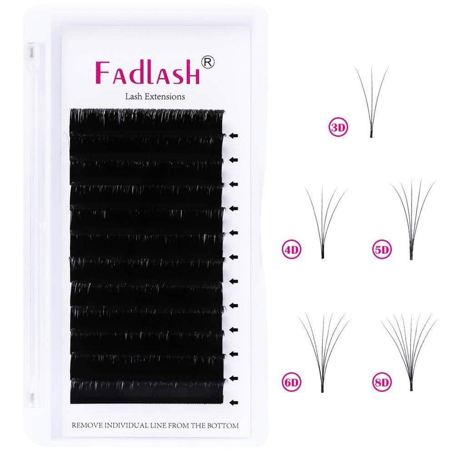 Paket von Fadlash-Wimpernverlängerungen mit schwarzen Wimpernstreifen und Diagramm, das 3D-, 4D-, 5D-, 6D- und 8D-Fächerstile zeigt.