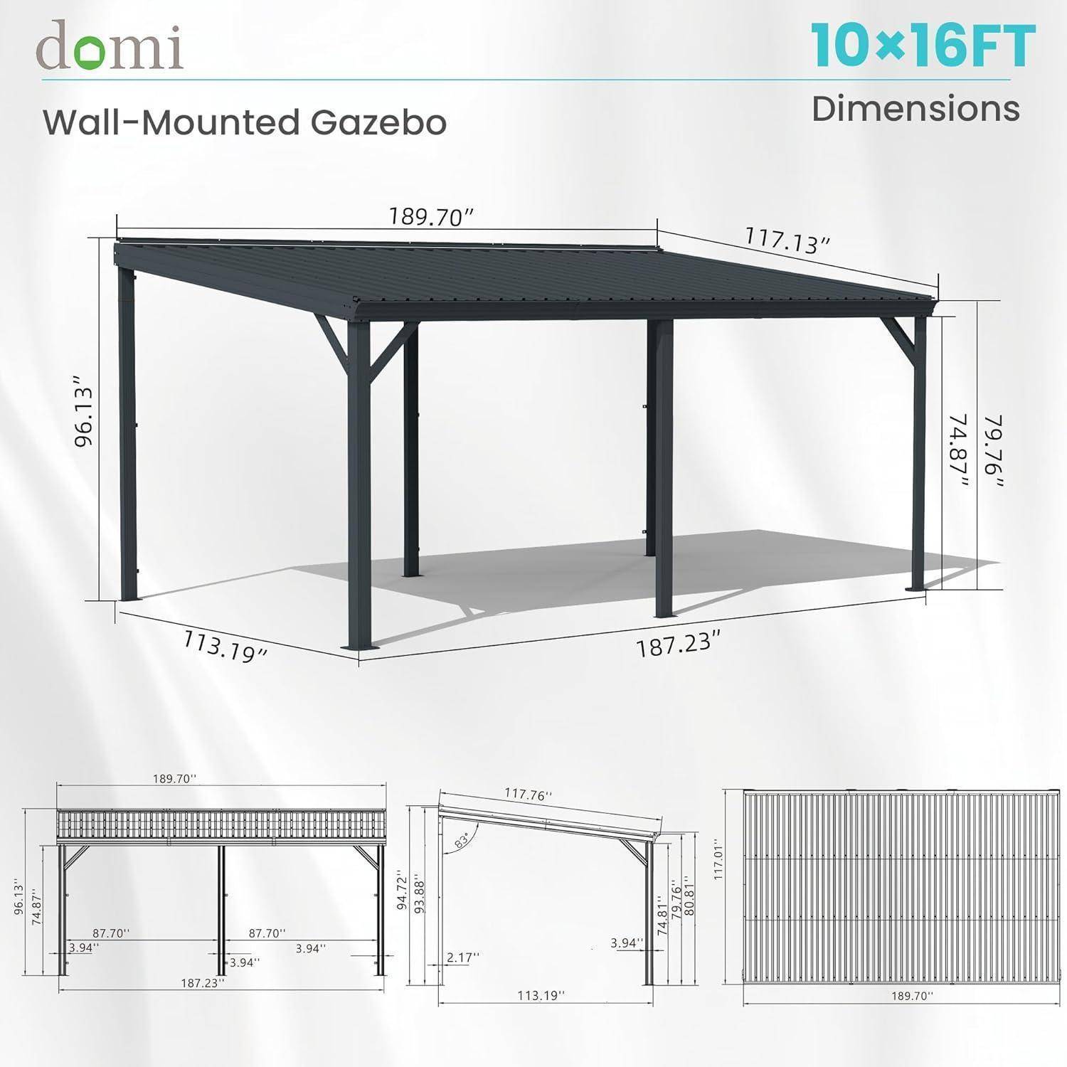 Dimensionszeichnung einer 10 x 16 Fuß wandmontierten Gartenlaube mit Vorder-, Seiten- und Draufsicht mit beschrifteten Maßen.