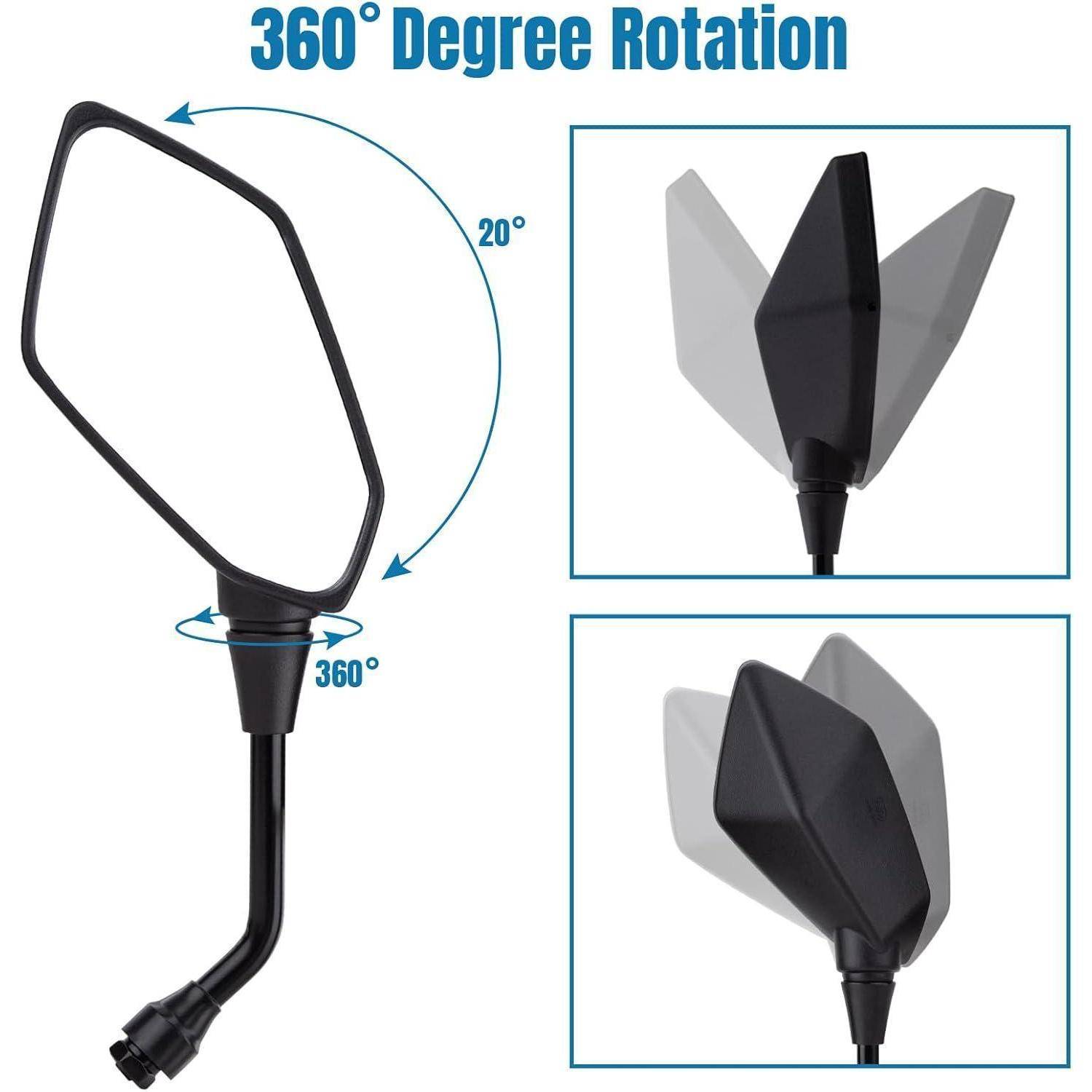 Diagramm eines Motorradspiegels mit 360°-Rotation und 20°-Verstellbarkeit, mit eingefügten Ansichten des Spiegels in verschiedenen Winkeln.