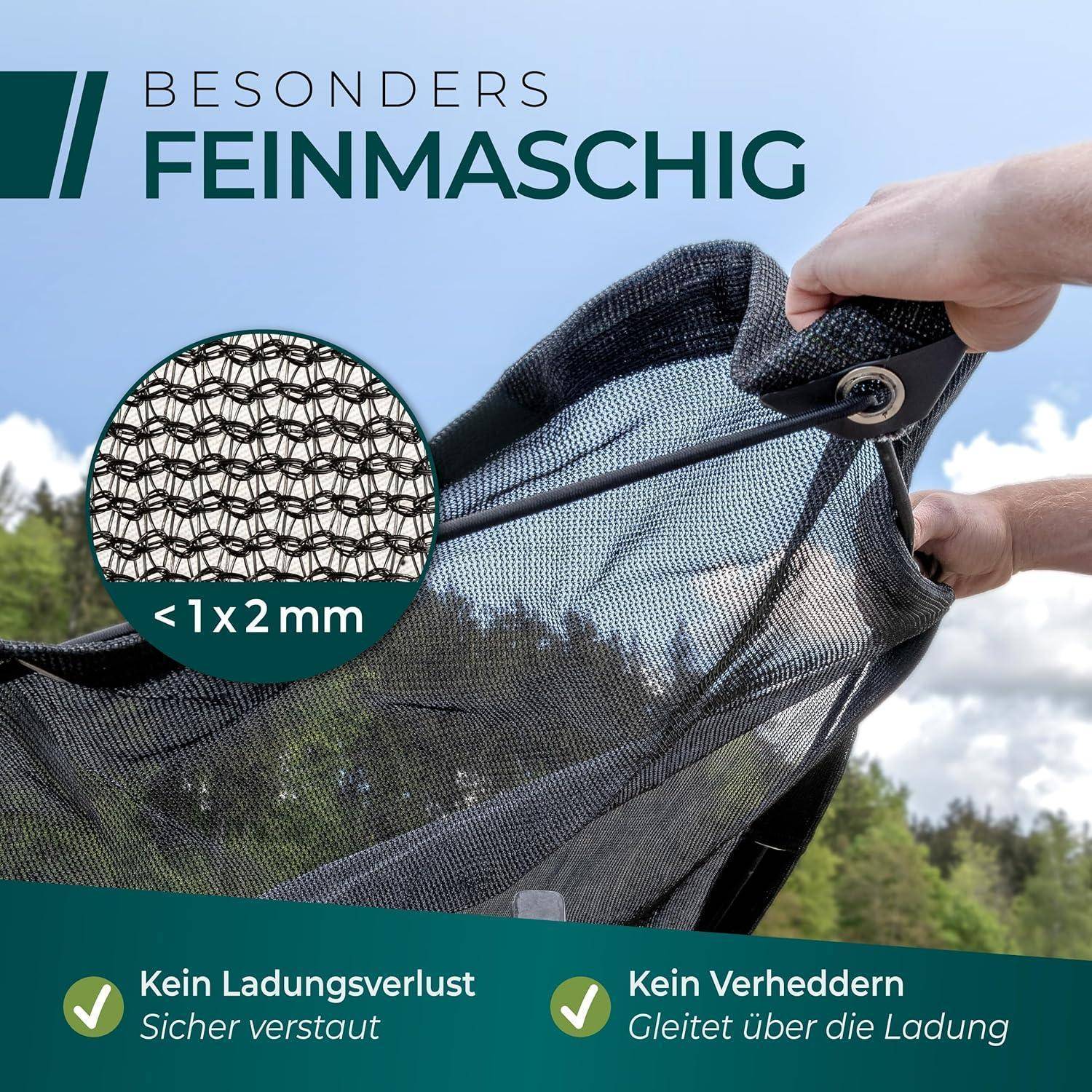 CargoVA® Feinmaschiges Anhängernetz 1x2m - Schwarzes feinmaschiges Abdecknetz mit Gummiseil - zur optimalen Ladungssicherung Schwarz 1x2M