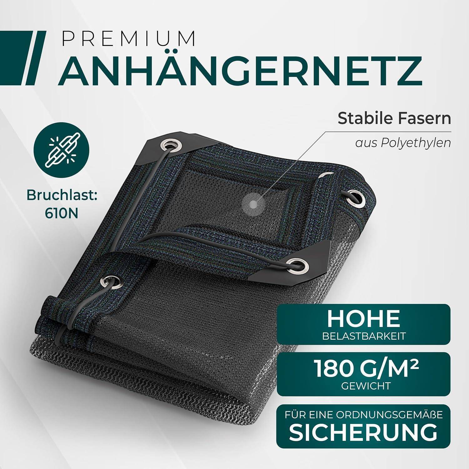 Produktbild eines Premium-Anhänger-Ladesicherungsnetzes mit starkem Maschengewebe und verstärkten Kanten, gekennzeichnet mit: 'Bruchlast: 610N', 'Stabile Fasern aus Polyethylen', 'Hohe Belastbarkeit', '180 G/M² Gewicht', und 'Für eine ordnungsgemäße Sicherung'.