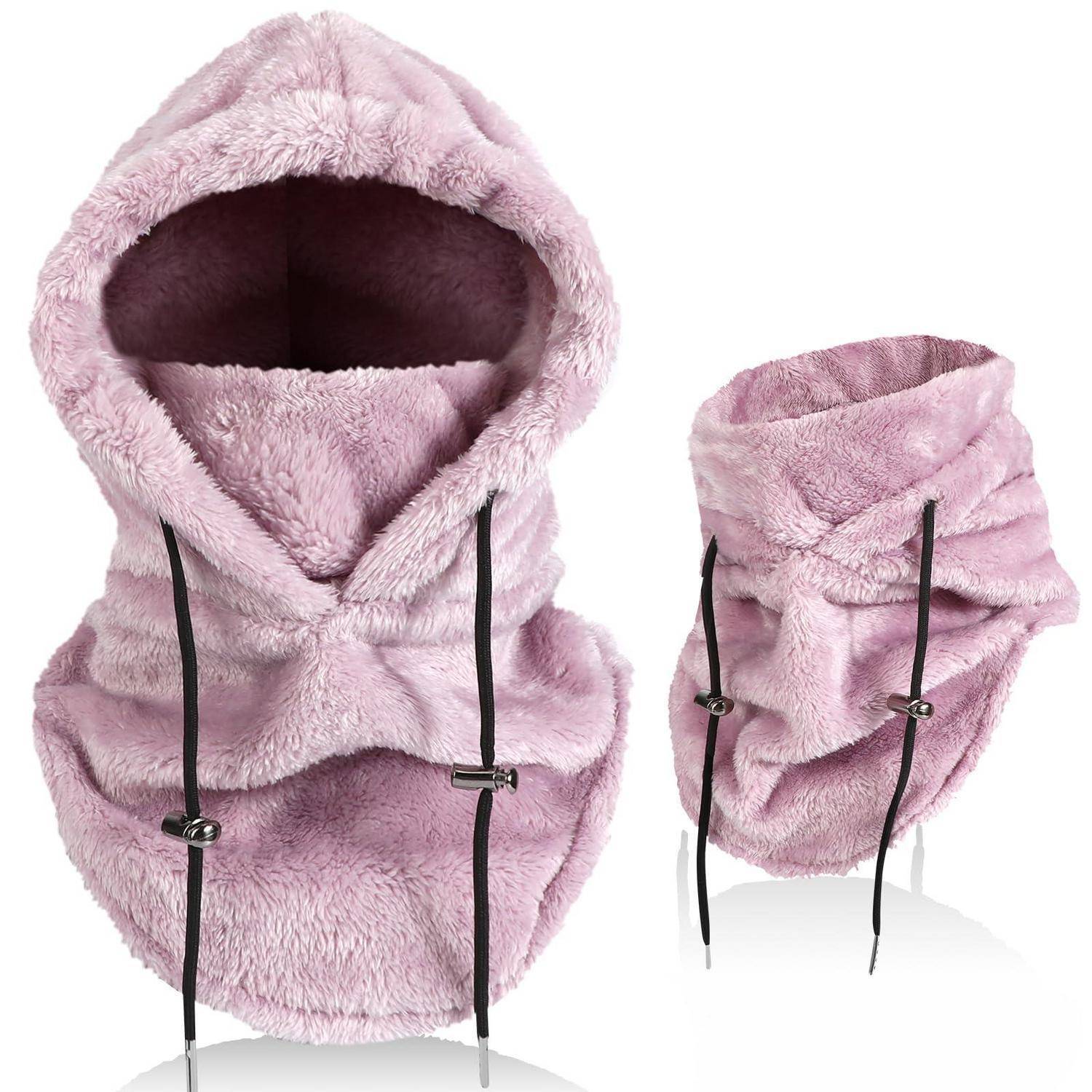 Rosa flauschiger Halswärmer mit Kapuze und schwarzen Zugbändern, dargestellt in Vorder- und Seitenansicht auf weißem Hintergrund.