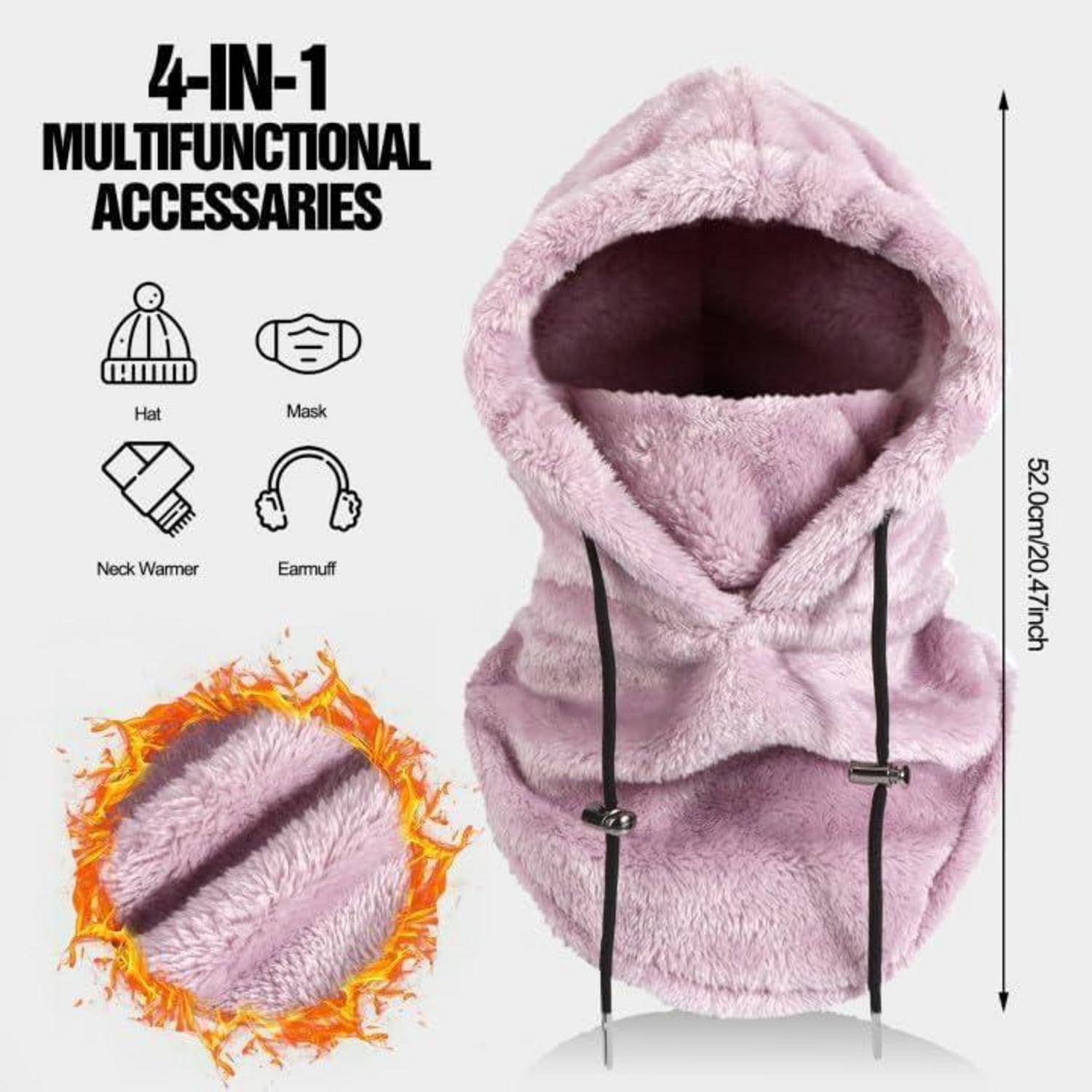4-in-1-Mehrzweck-Accessoire aus rosa Kunstfell, das als Kapuze, Maske, Halsschutz oder Ohrenschützer getragen wird; angegebene Höhe 52cm/20,47in.