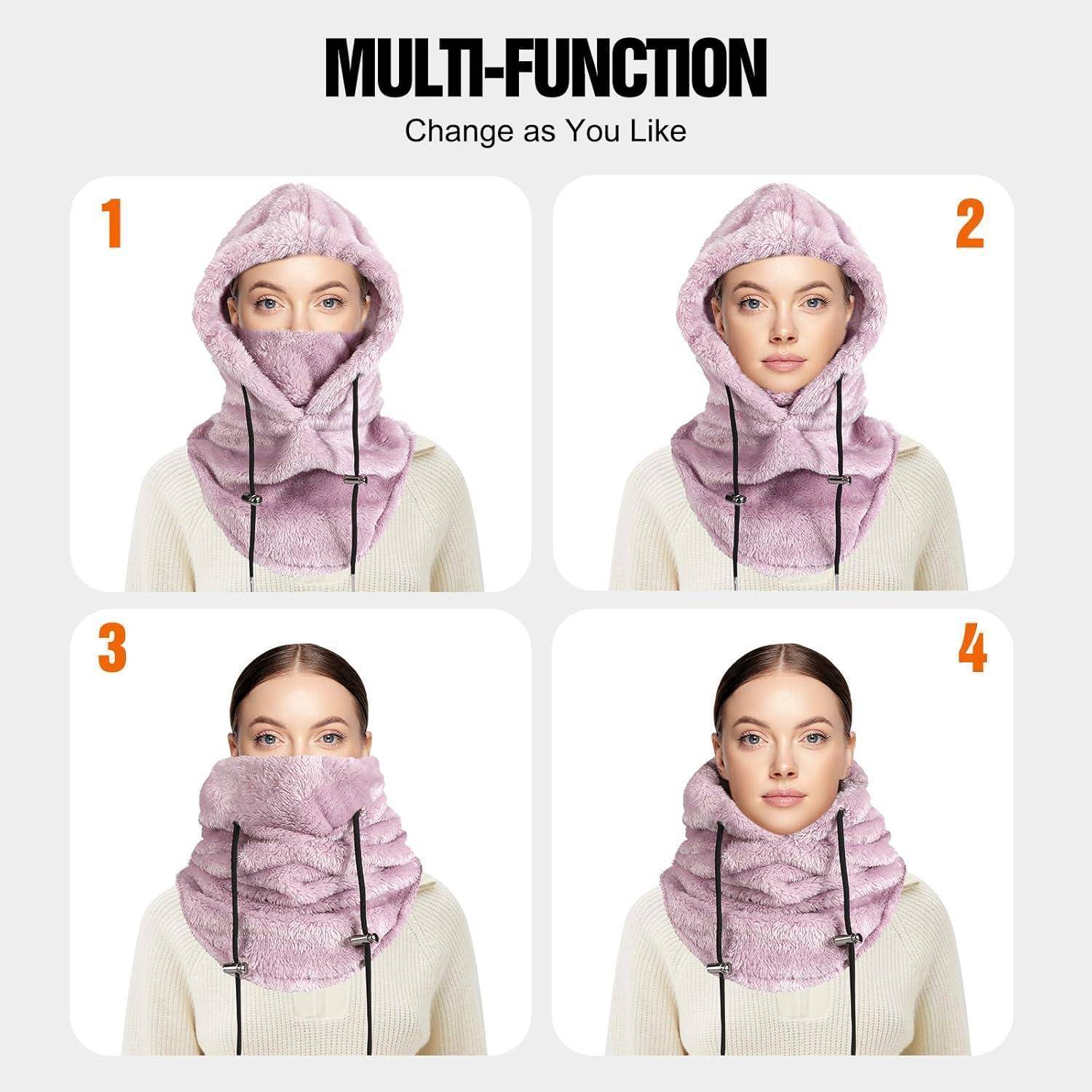 Infografik zeigt einen rosa Fleece-Multifunktionshalstuch mit Kapuze, das auf vier Arten getragen wird: als Gesichtsschutz, Kapuze offen, Nackenbereich hochgezogen und Nackenbereich nach unten gefaltet.
