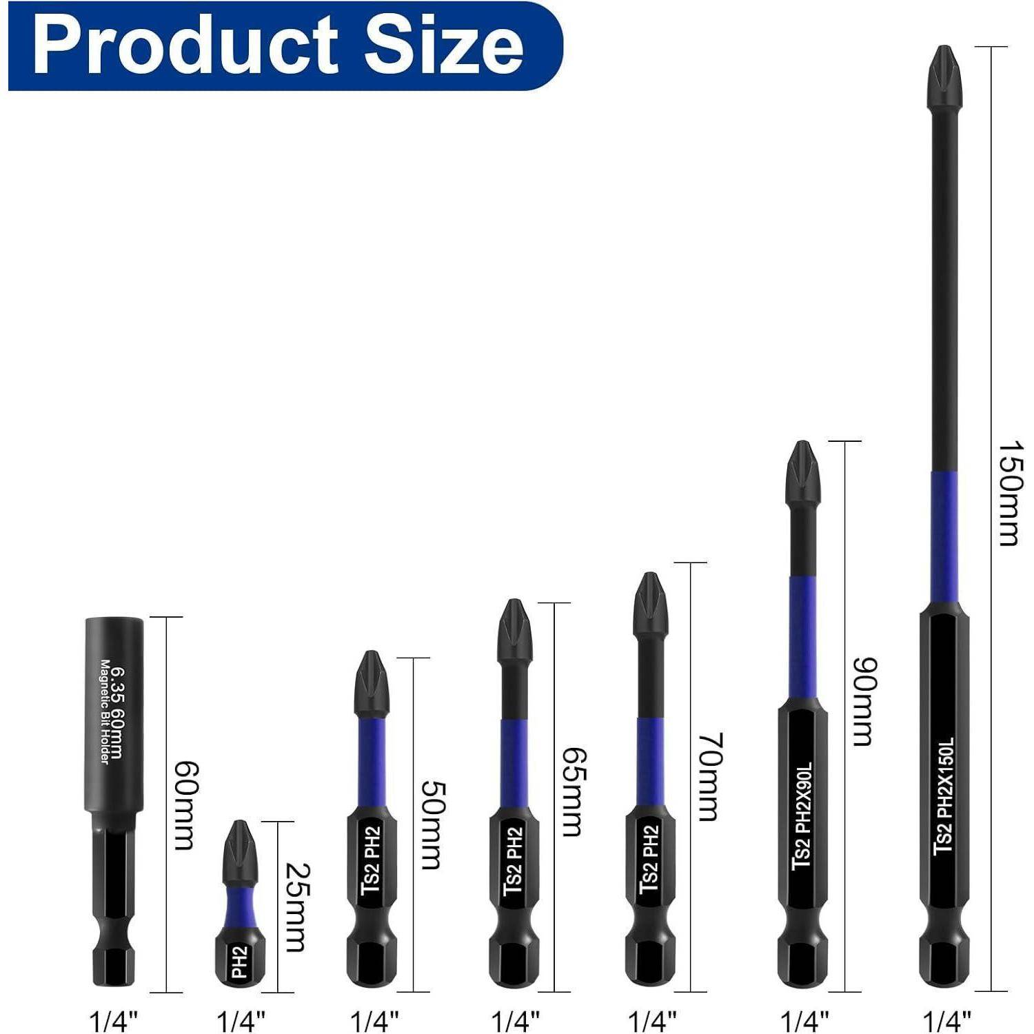Produktgrößentabelle mit sieben Bohrfuttern mit 1/4-Zoll-Schaft, die zwischen 25 mm und 150 mm hoch reichen, mit Beschriftungen für jede Größe.