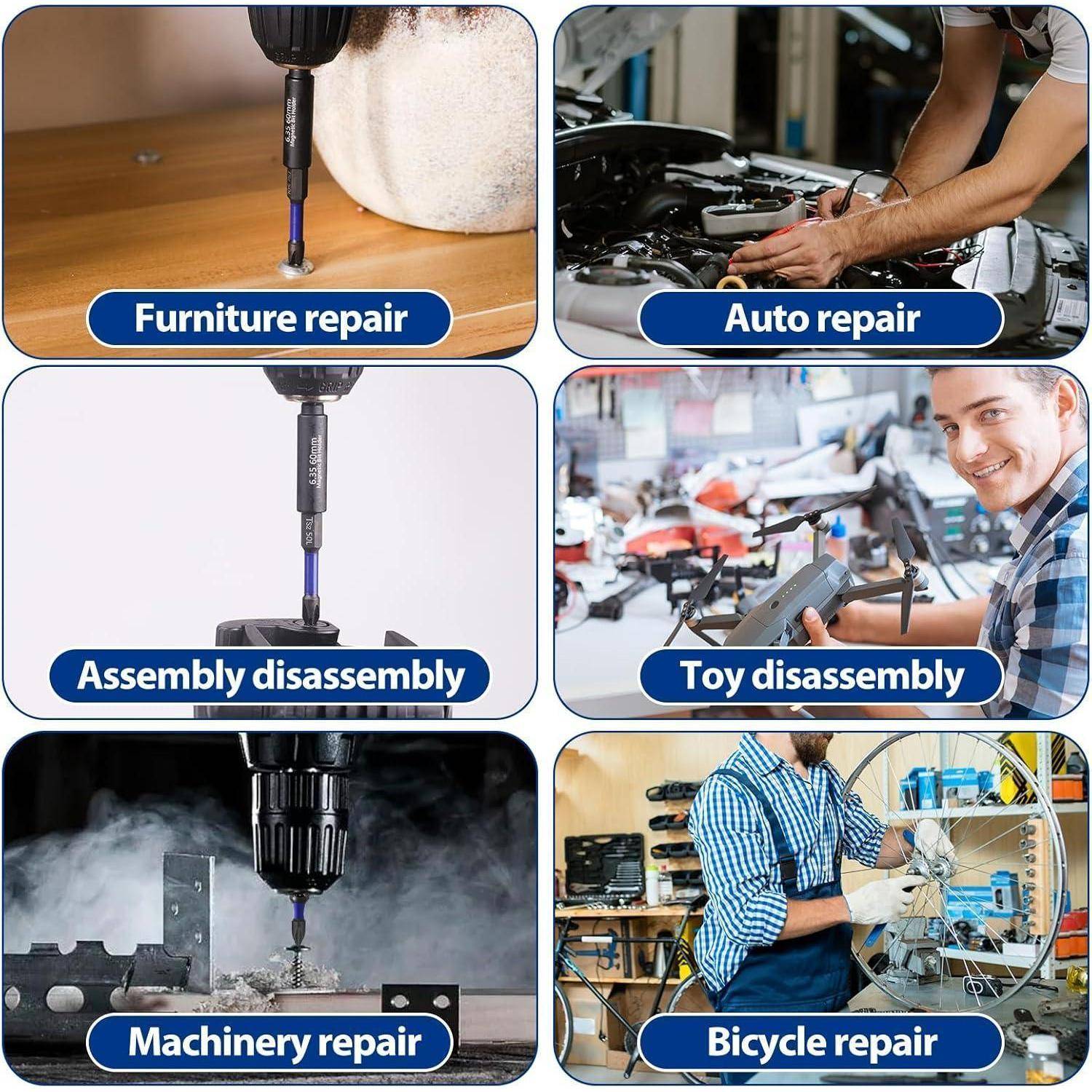 Sechsteilige Collage eines kabellosen Elektroschraubers für Möbelreparatur, Autoreparatur, Montage/Demontage, Spielzeugdemontage, Maschinenreparatur und Fahrradreparatur.