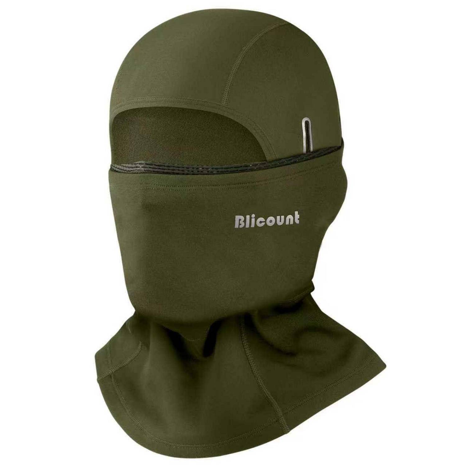 Olivgrüne Sturmhaube mit Gesichtsmaske, Öffnung für die Augen und „Blicount