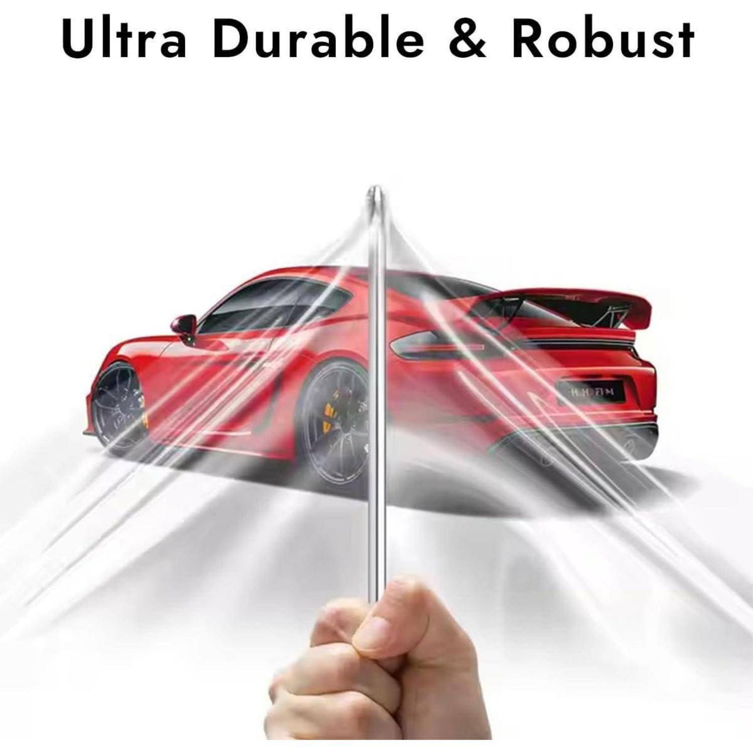 Eine Hand, die einen gekrümmten Regenschirm hält und einen roten Sportwagen schützt, mit dem Text „Ultra langlebig und robust