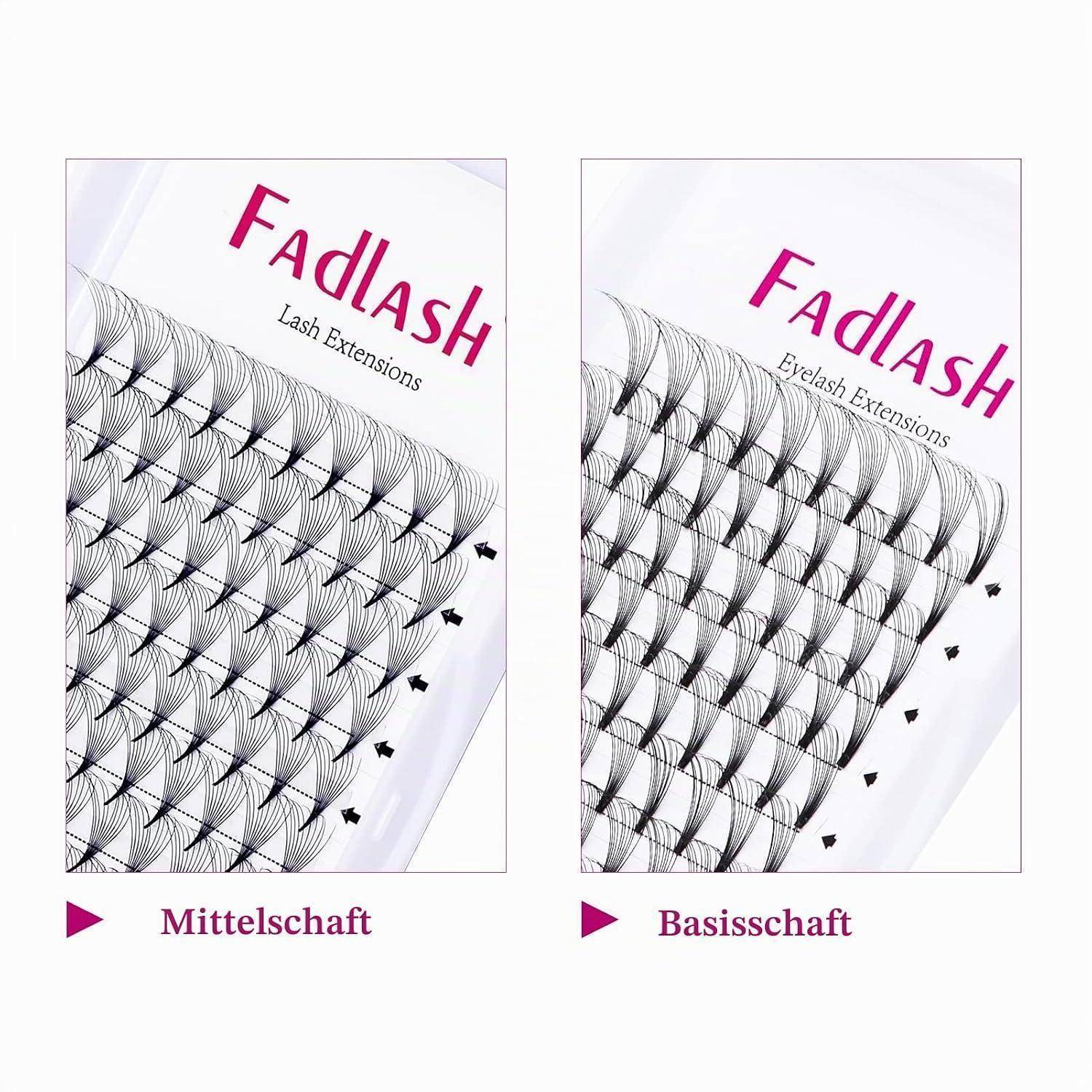 Vergleichsbild von 'FadLash' Wimpernverlängerungen mit zwei Wimpernstilen: 'MittelschafT' auf der linken Seite und 'BasisschafT' auf der rechten Seite.