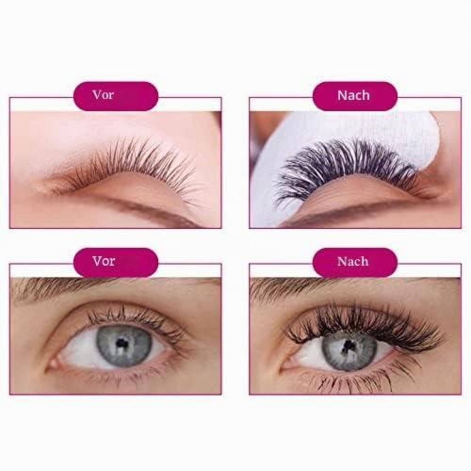 Vorher-und-Nachher-Wimpernverstärkung: oben zeigt die Mascara-Anwendung auf einem geschlossenen Auge, unten zeigt das natürliche Auge vorher und vollere, längere Wimpern nachher.