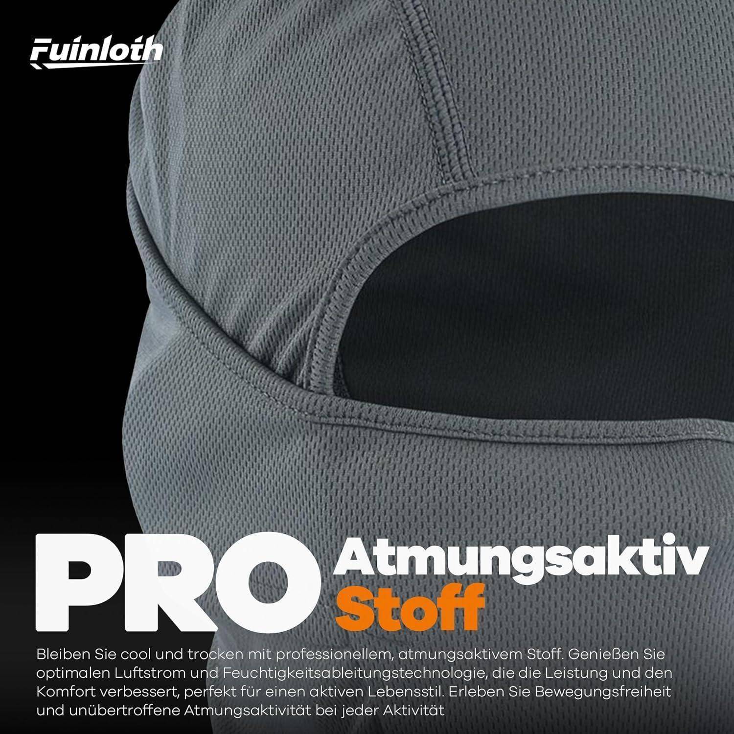 Nahaufnahme einer grauen atmungsaktiven Stoff-Sturmhaube oder Gesichtsmaske mit der Aufschrift „PRO Atmungsaktiv Stoff
