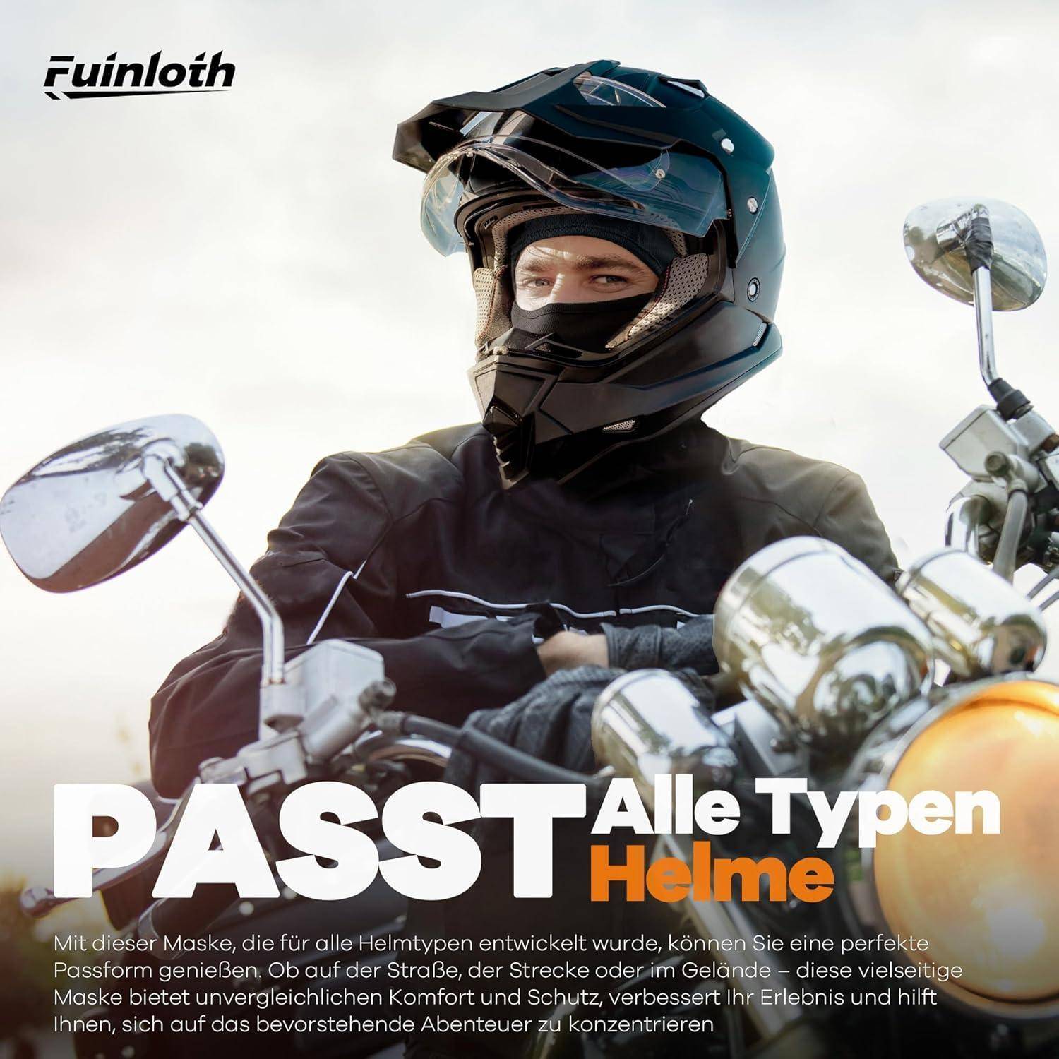 Motorradfahrer trägt einen Vollvisierhelm und eine Gesichtsmaske auf einem Motorrad, mit dem Text „PASST Alle Typen Helme