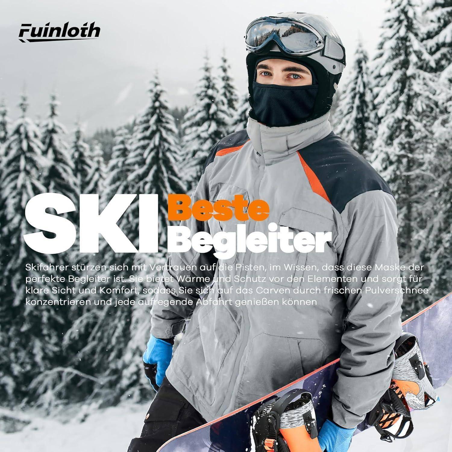 Skifahrer in Winterkleidung steht auf einem verschneiten Abhang neben dem Text „SKI Beste Begleiter