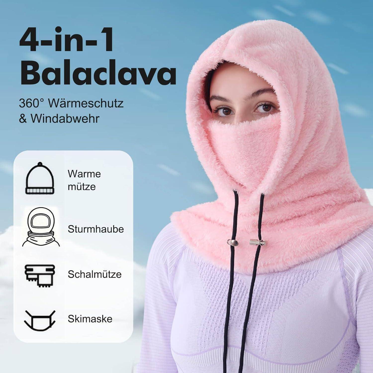 # Anzeige für eine rosa 4-in-1-Gesichtsmaske mit deutschem Text: '360° Wärmeschutz & Windabwehr'; aufgelistete Funktionen als warme Mütze, Sturmhaube, Schal, Skimaske.