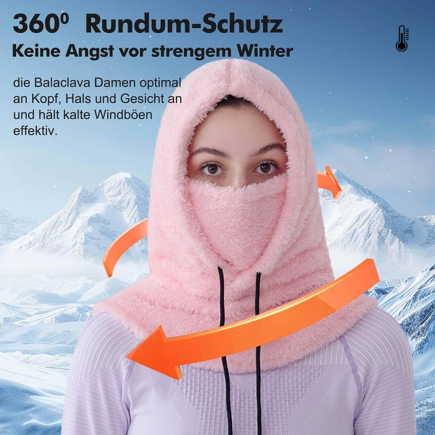 Frau trägt eine rosa Sturmhaube und präsentiert einen Text zur 360°-Rundumschutz vor Kältewind im Winter.