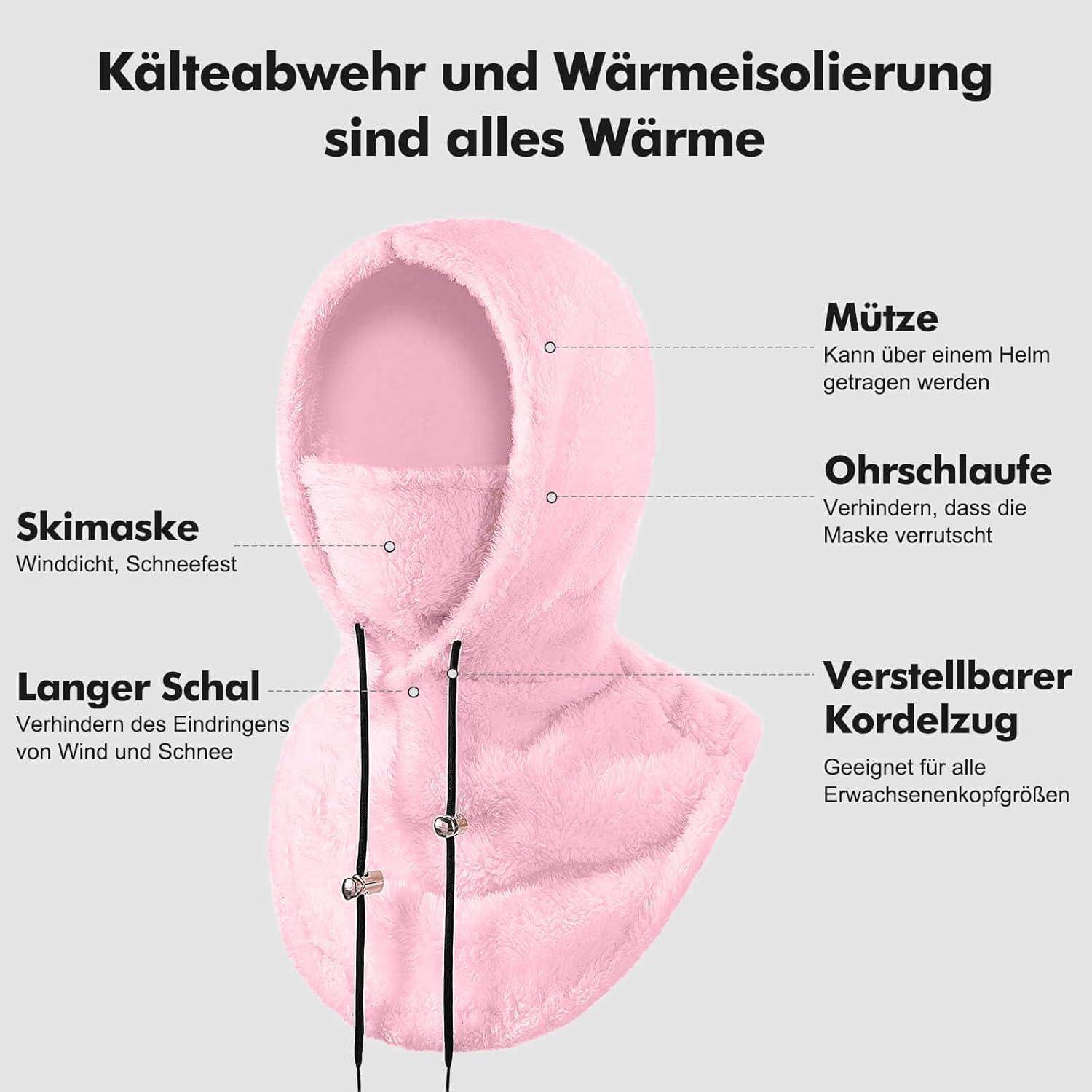 Rosa Fleece-Kapuzenschal mit Gesichtsöffnung, gekennzeichnet als Kälteschutz und Isolierung; verfügt über Skimaske, Mütze, Ohrschlaufen und verstellbare Zugschnur.