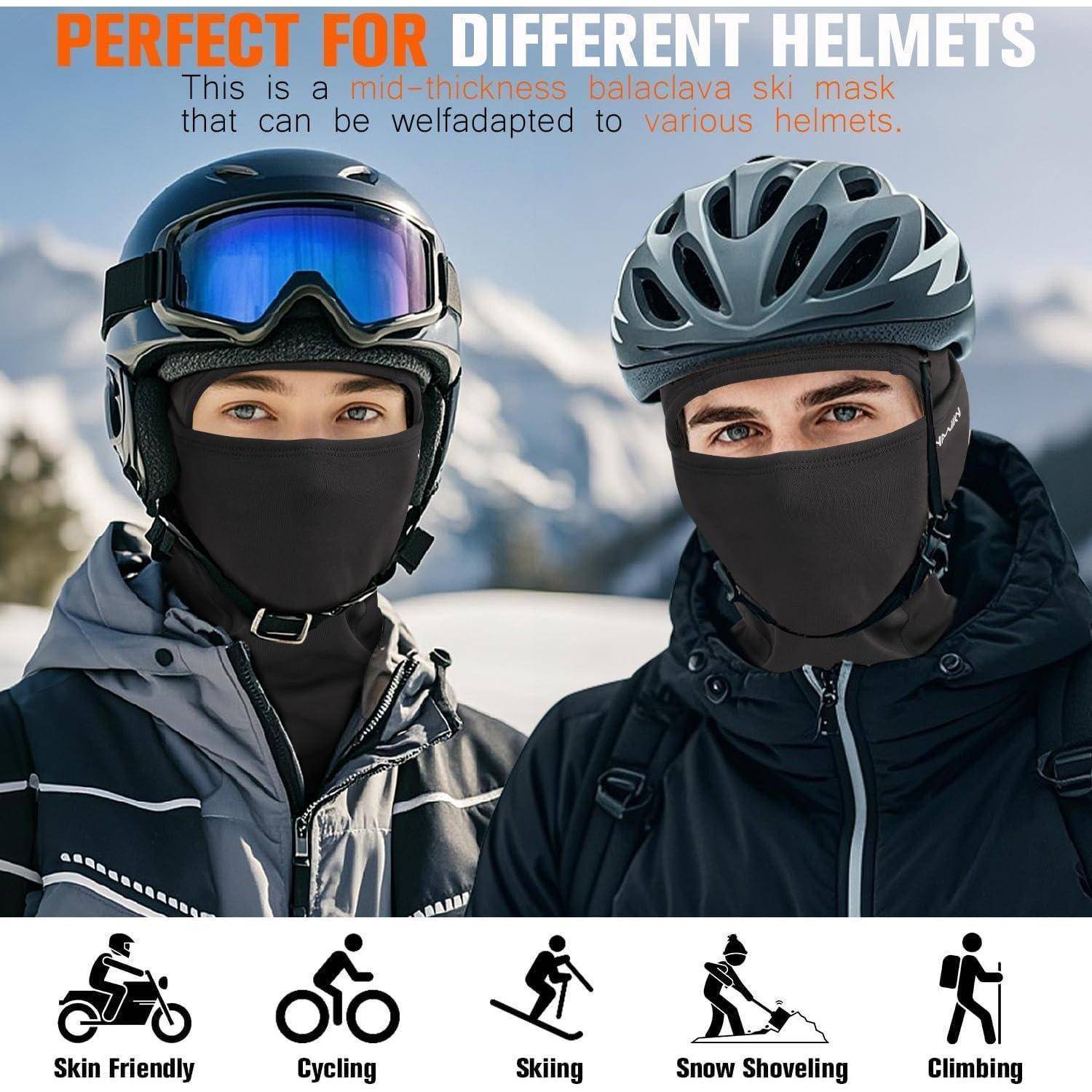 Zwei Skifahrer mit Helm und schwarzen Sturmhauben; die Anzeige sagt „Perfekt für verschiedene Helme