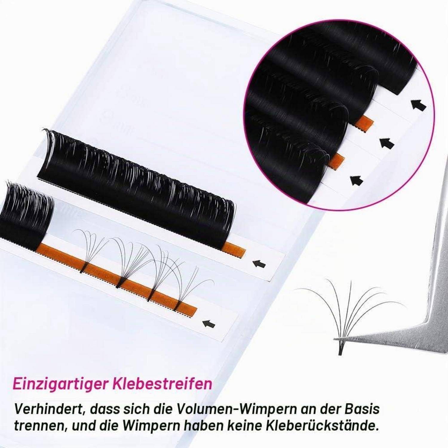 Werbebild von Wimpernverlängerungen im Volumen-Stil auf Klebstreifen, das zeigt, wie die Streifen die Wimpern getrennt halten und keine Klebreste hinterlassen.
