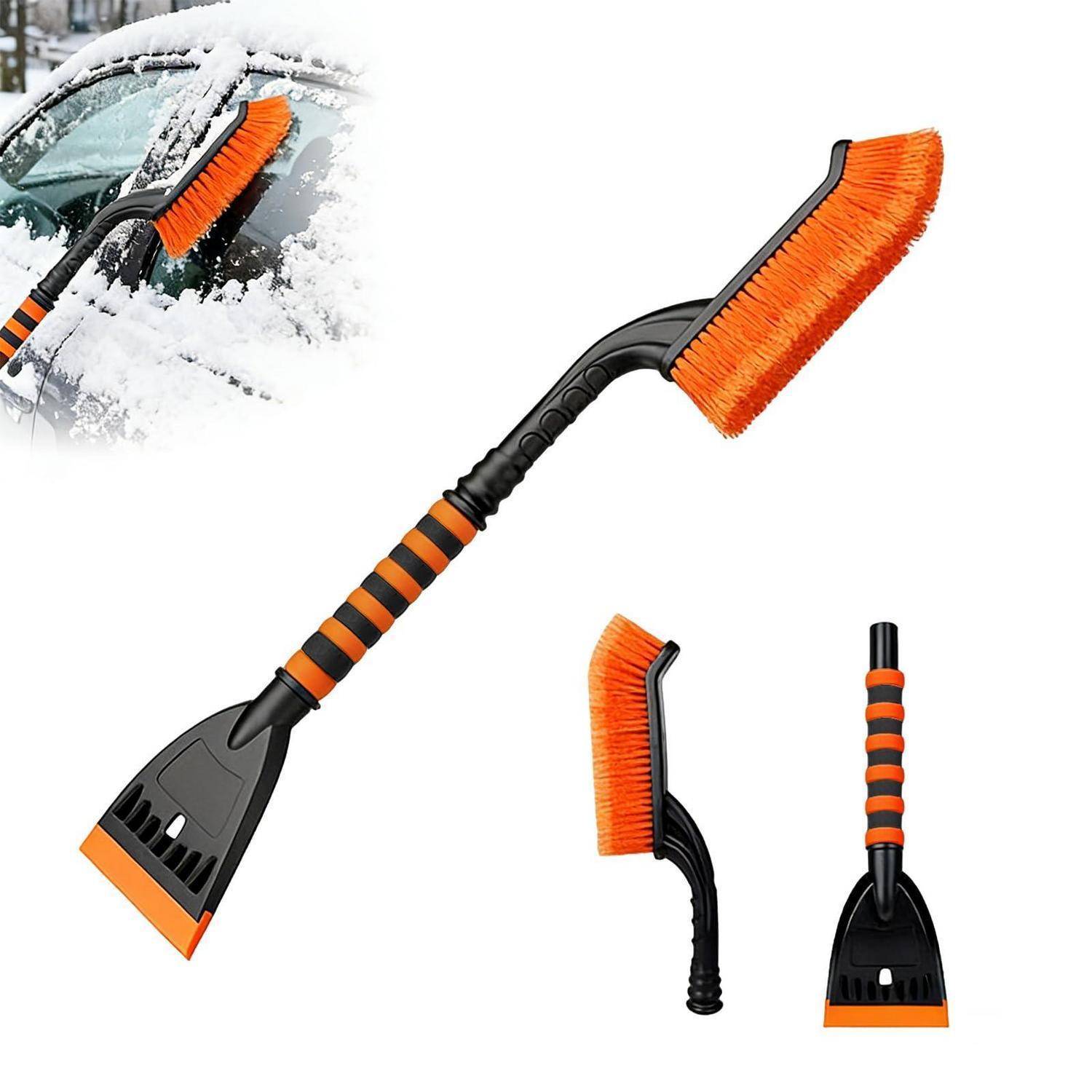 Orange-schwarze Autoschneeburste und Eiskratzer aus mehreren Winkeln dargestellt, mit einer eingefügten Abbildung beim Schneeräumen an einer Windschutzscheibe.
