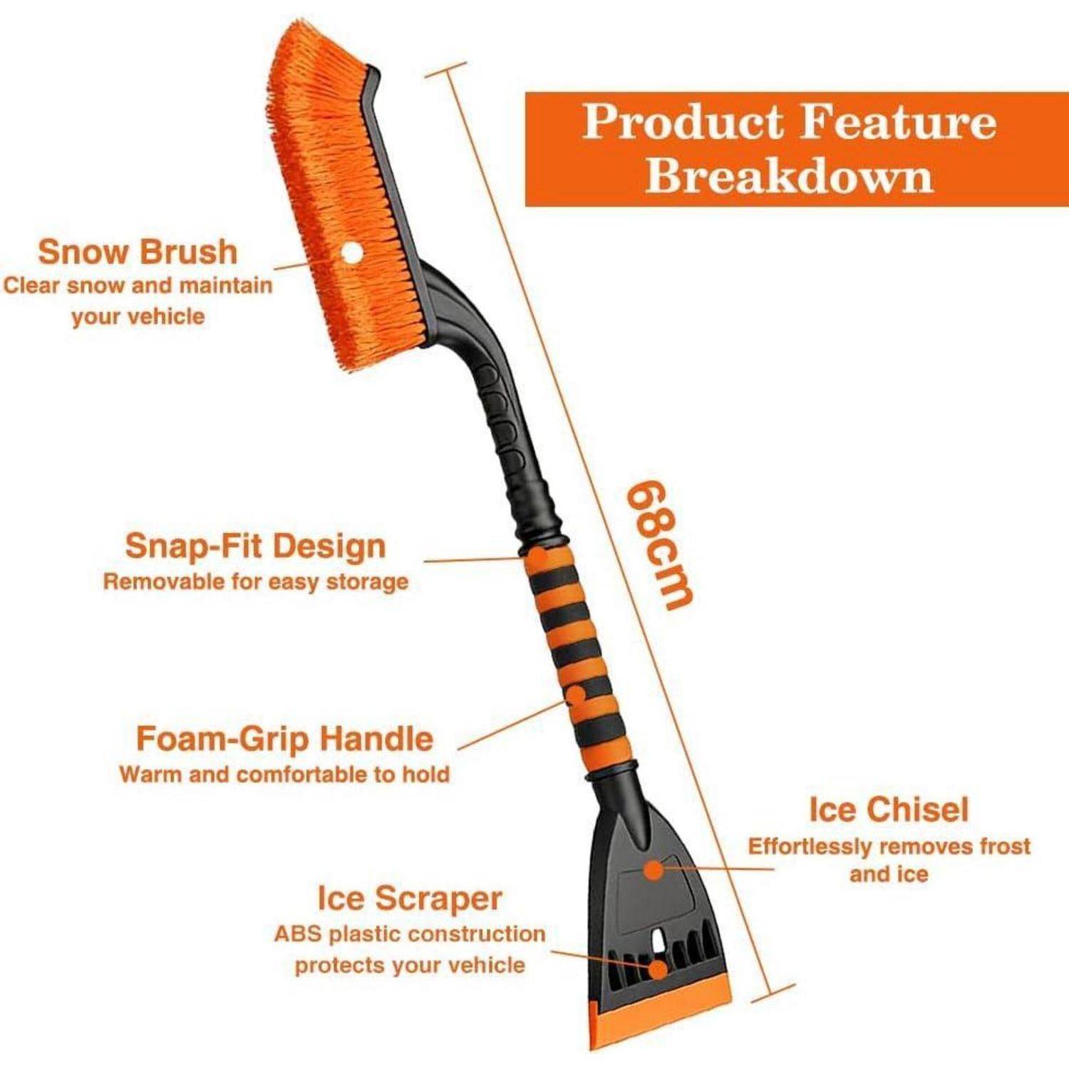 Produktmerkmaldiagramm einer 68 cm Schneebürste und Eiskratzer mit Snap-Fit-Design, Schaumstoff-Griffgriff und Eismeissel zum Entfernen von Schnee und Raureif.