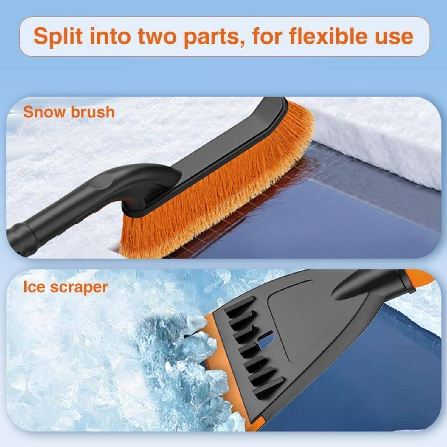 Infografik eines abnehmbaren Autoschneebesens und Eiskratzers mit der Bezeichnung „In zwei Teile teilbar, für flexible Anwendung