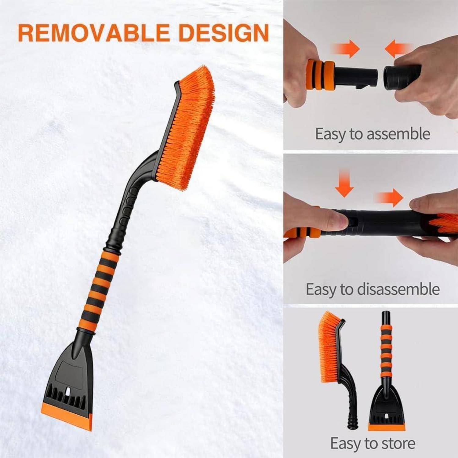 Reinigungsbürste mit abnehmbarem Design mit orangefarbigen Borsten und schwarzem Griff, dargestellt zusammengebaut, plus Nahaufnahmen zeigen einfache Montage, Demontage und Lagerung.