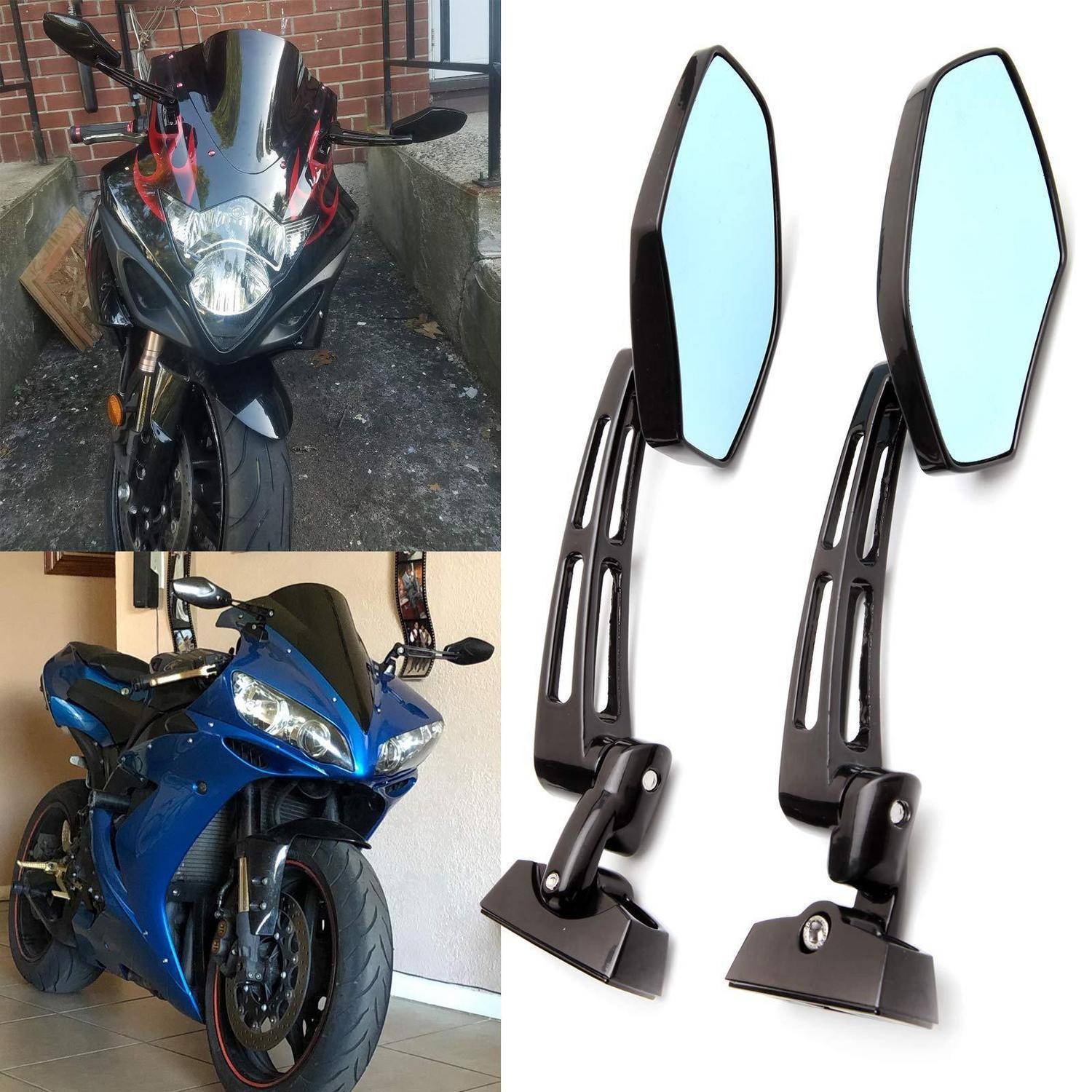 Collage mit einem Sportmotorrad und einem Paar schwarzer verstellbarer Seitenspiegel mit blaugetönten, sechseckigen Spiegelflächen.