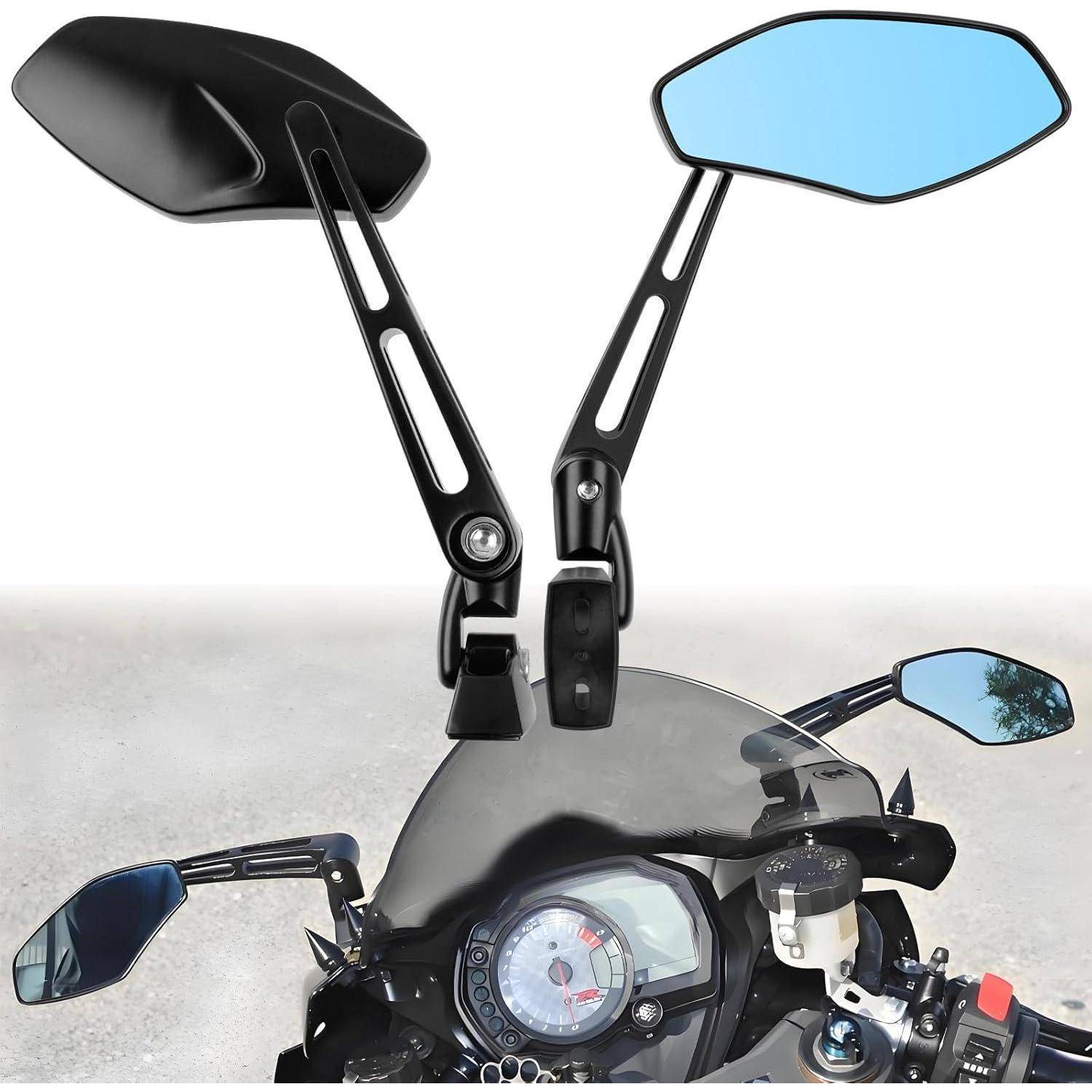 Motorrad-Cockpit mit zwei verlängerten Rückspiegeln, die schwarze Spiegelarme und blaugetönte Spiegelflächen zeigen