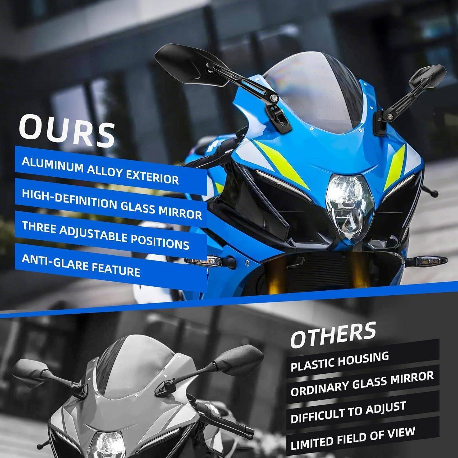 Vergleichsgrafik von Motorradspiegeln: „UNSERE