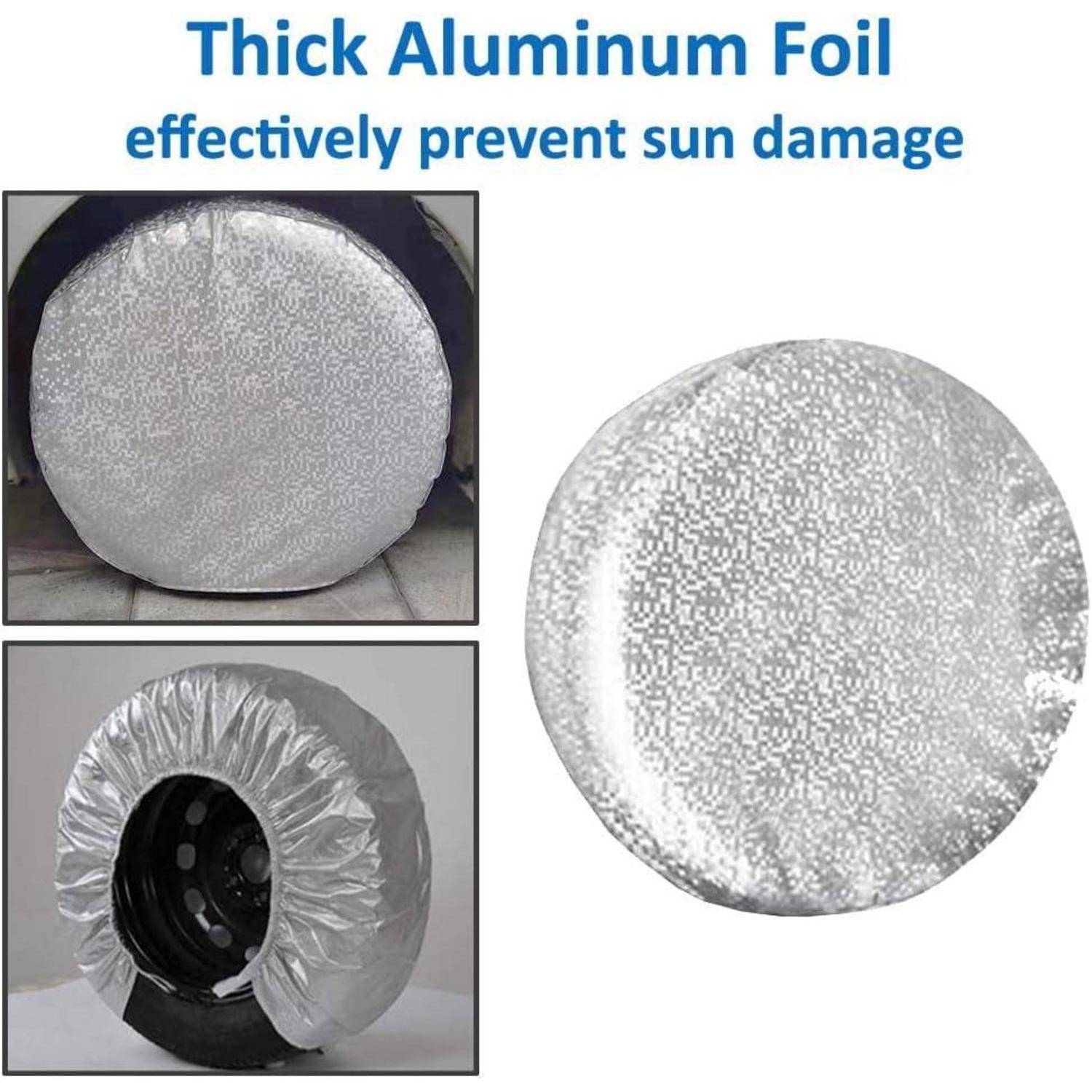 Grafik zum Vergleich von Radabdeckungen: dicke Aluminiumfolie verhindert effektiv Sonnenschäden, dargestellt an einem abgedeckten Reifen und einer Nahaufnahme der reflektierenden Abdeckung.