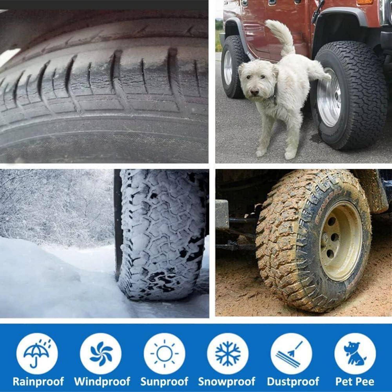 Collage aus Nahaufnahmen von Reifen und einem weißen Hund, der neben einem Lastwageneifensteht, mit Symbolen, die Reifenmerkmale kennzeichnen: regendicht, winddicht, sonnendicht, schneesicher, staubdicht, Haustierurin