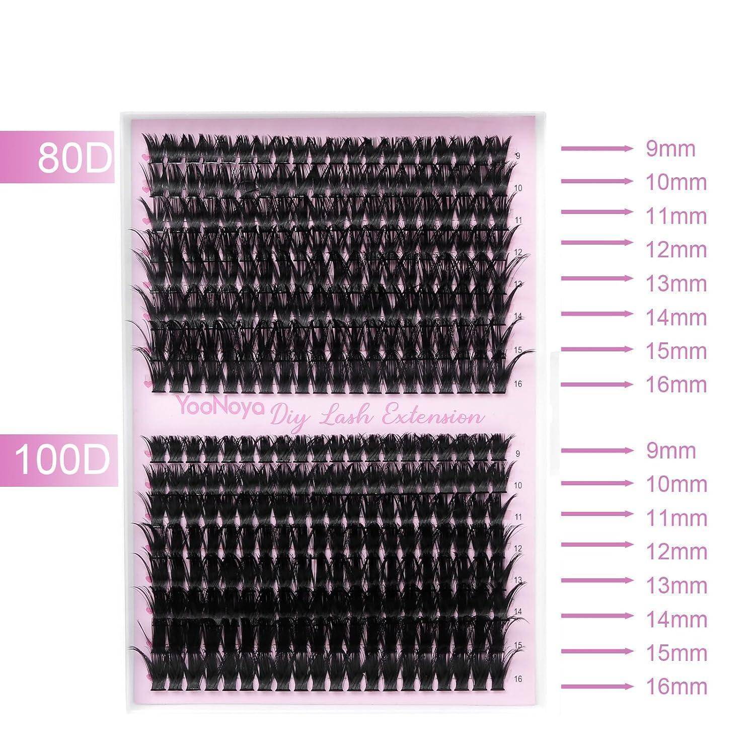Anzeige von 80D und 100D Yoonoya DIY-Wimpernverlängerungs-Fächern mit Reihen mit Beschriftungen von 9mm bis 16mm, die verfügbare Längen zeigen.